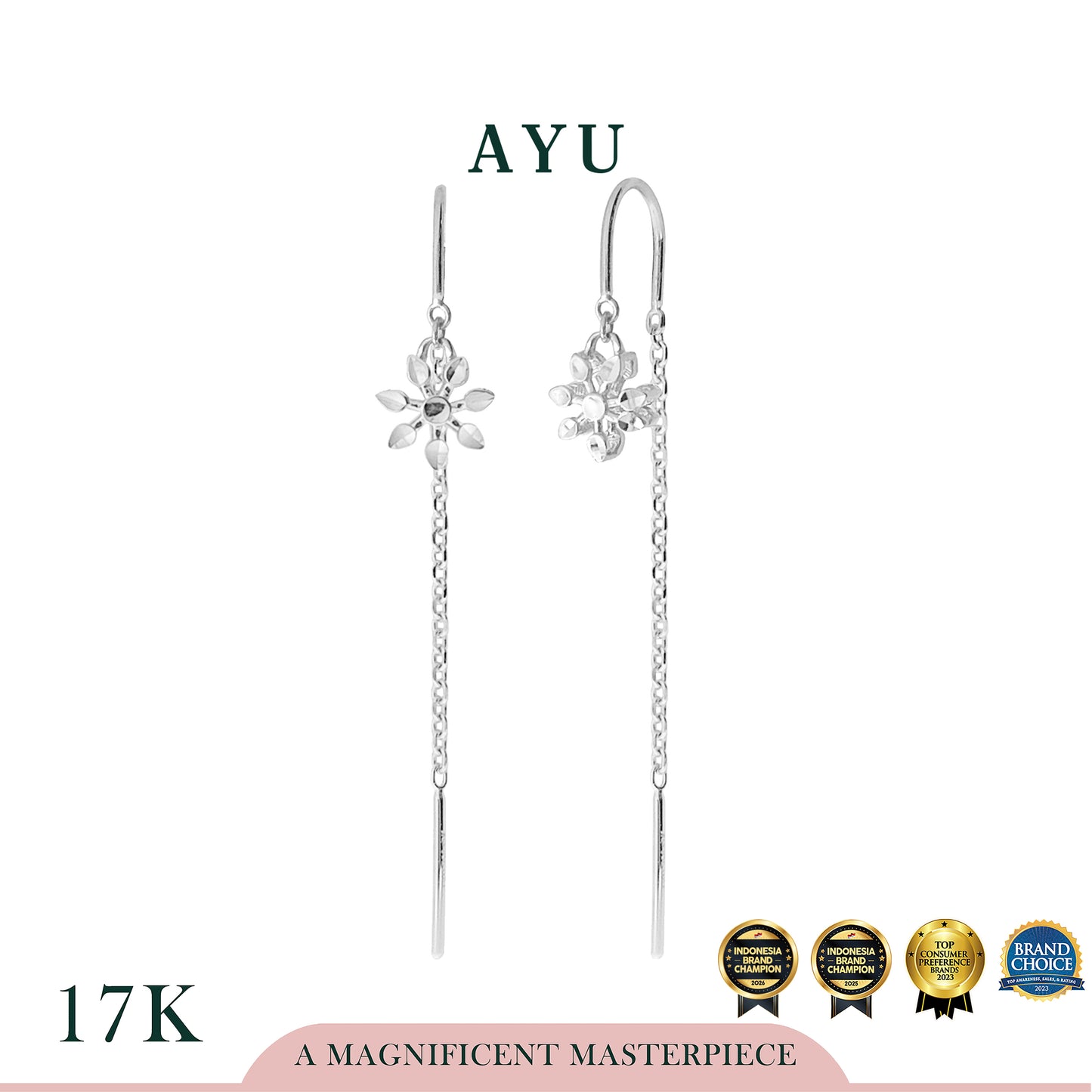 AYU Anting Emas - Twinkle Snowflake Chain Earrings 17k White Gold