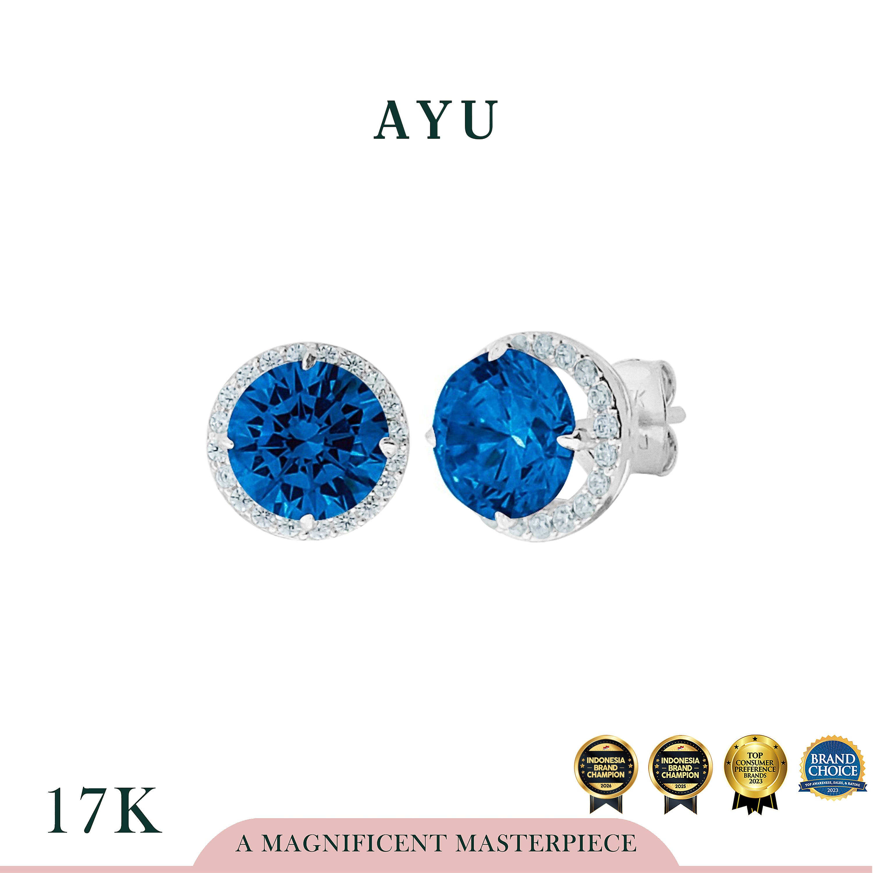 AYU Anting Emas Tindik - Round Solitaire With Halo Studs Royal Blue 17K White Gold