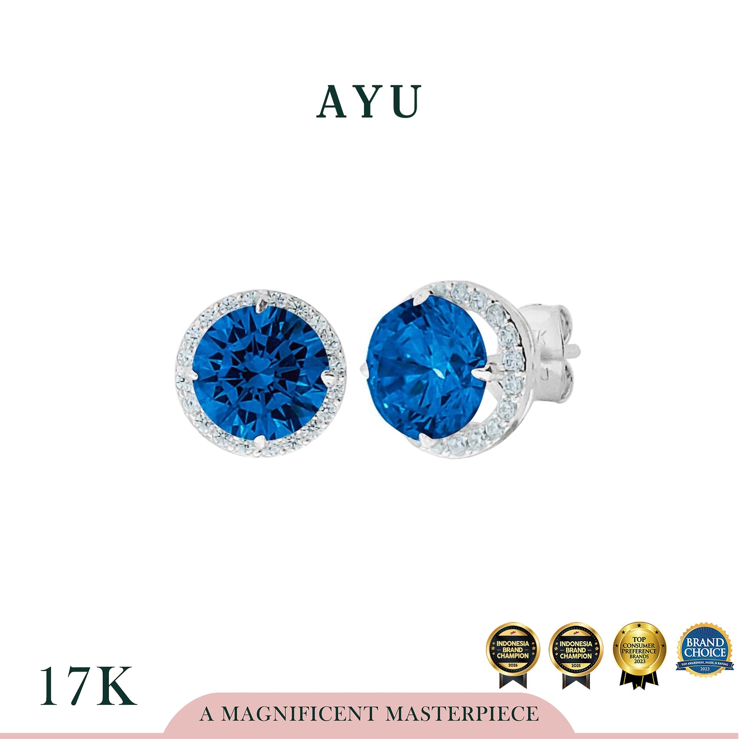AYU Anting Emas Tindik - Round Solitaire With Halo Studs Royal Blue 17K White Gold
