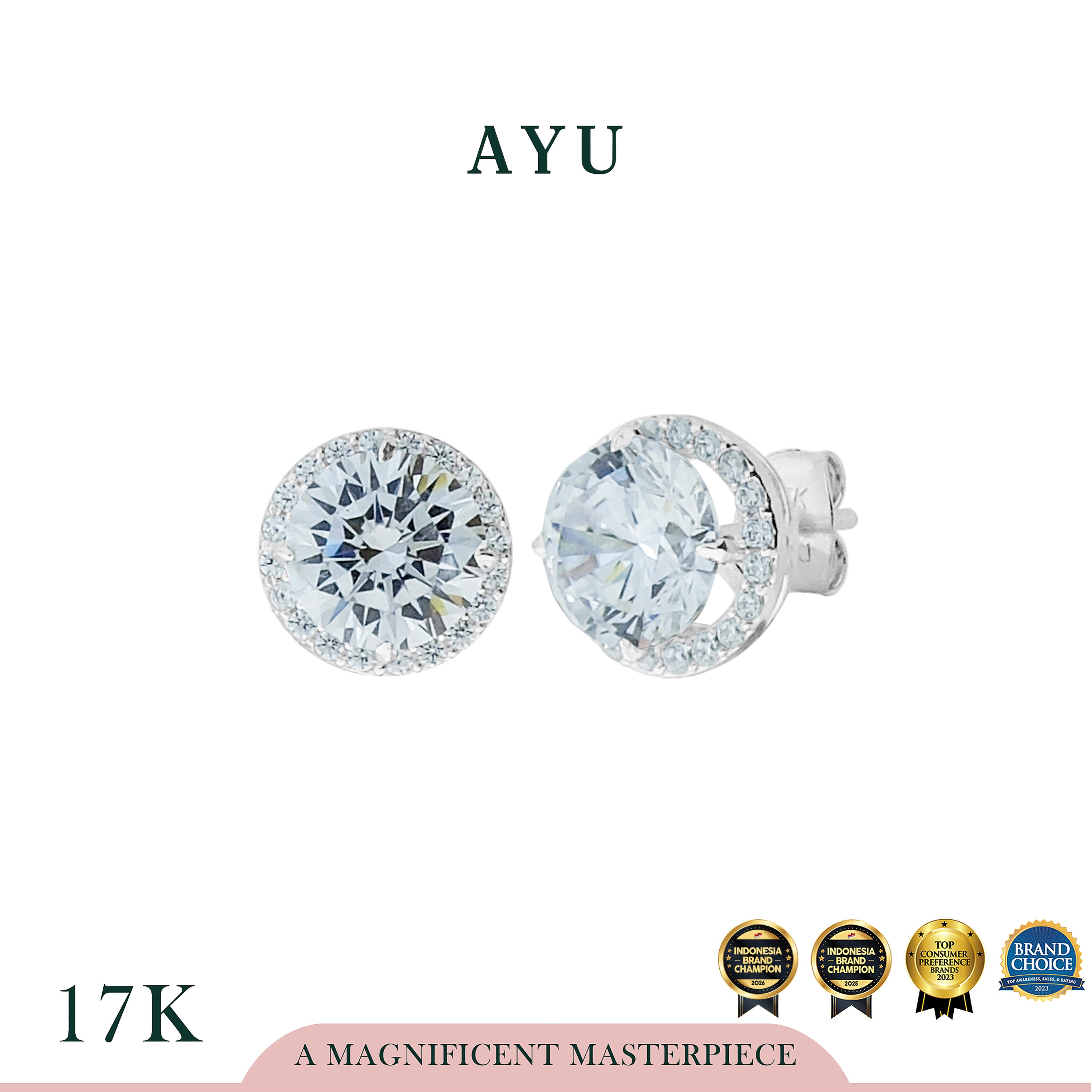 AYU Anting Emas Tindik - Round Solitaire With Halo Studs 17K White Gold