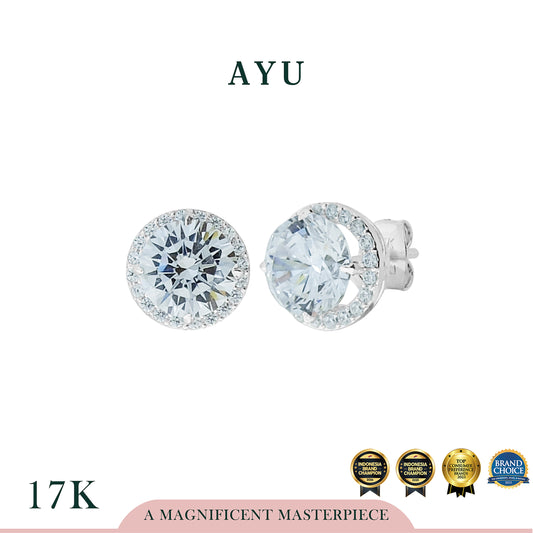 AYU Anting Emas Tindik - Round Solitaire With Halo Studs 17K White Gold