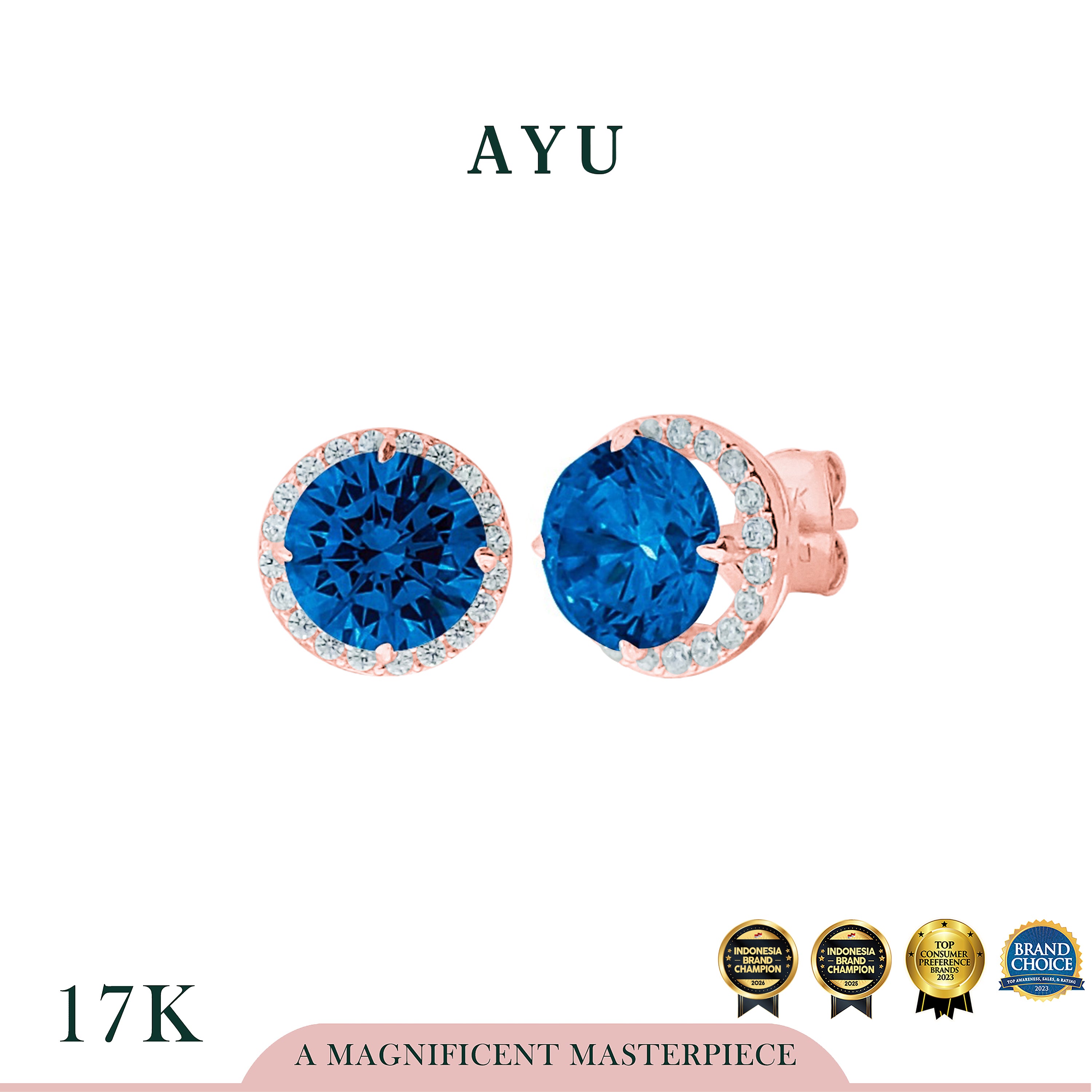AYU Anting Emas Tindik - Round Solitaire With Halo Studs Royal Blue 17K Rose Gold