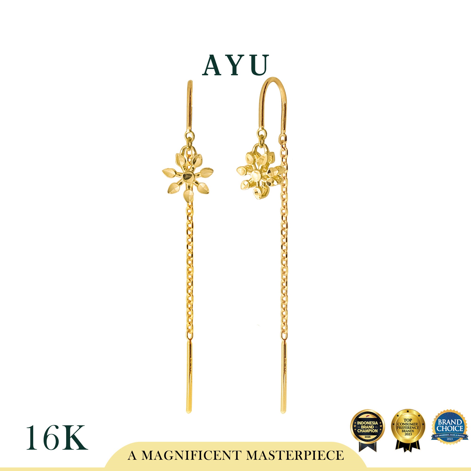 AYU Anting Emas - Twinkle Snowflake Chain Earrings 16k Yellow Gold