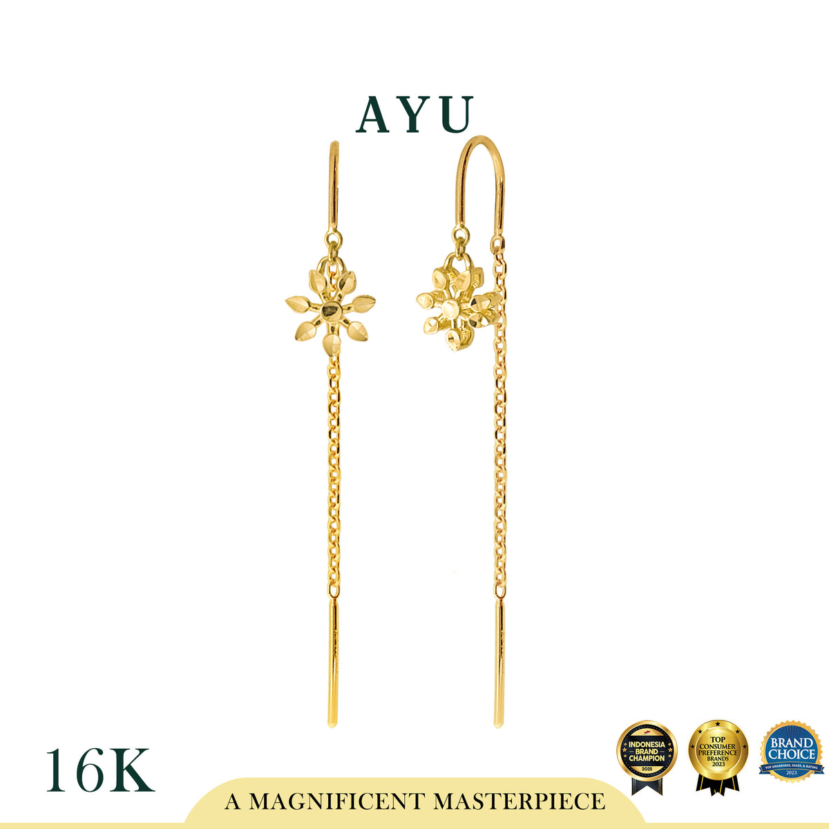 AYU Anting Emas - Twinkle Snowflake Chain Earrings 16k Yellow Gold