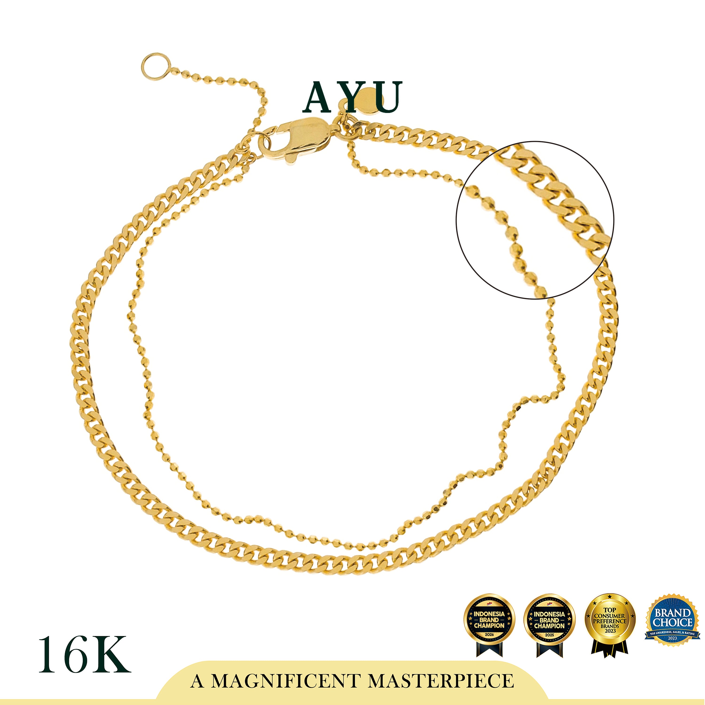 AYU Gelang Kaki Emas - Double Layer Cuban And Mini Peper Chain Anklet 16k Yellow Gold