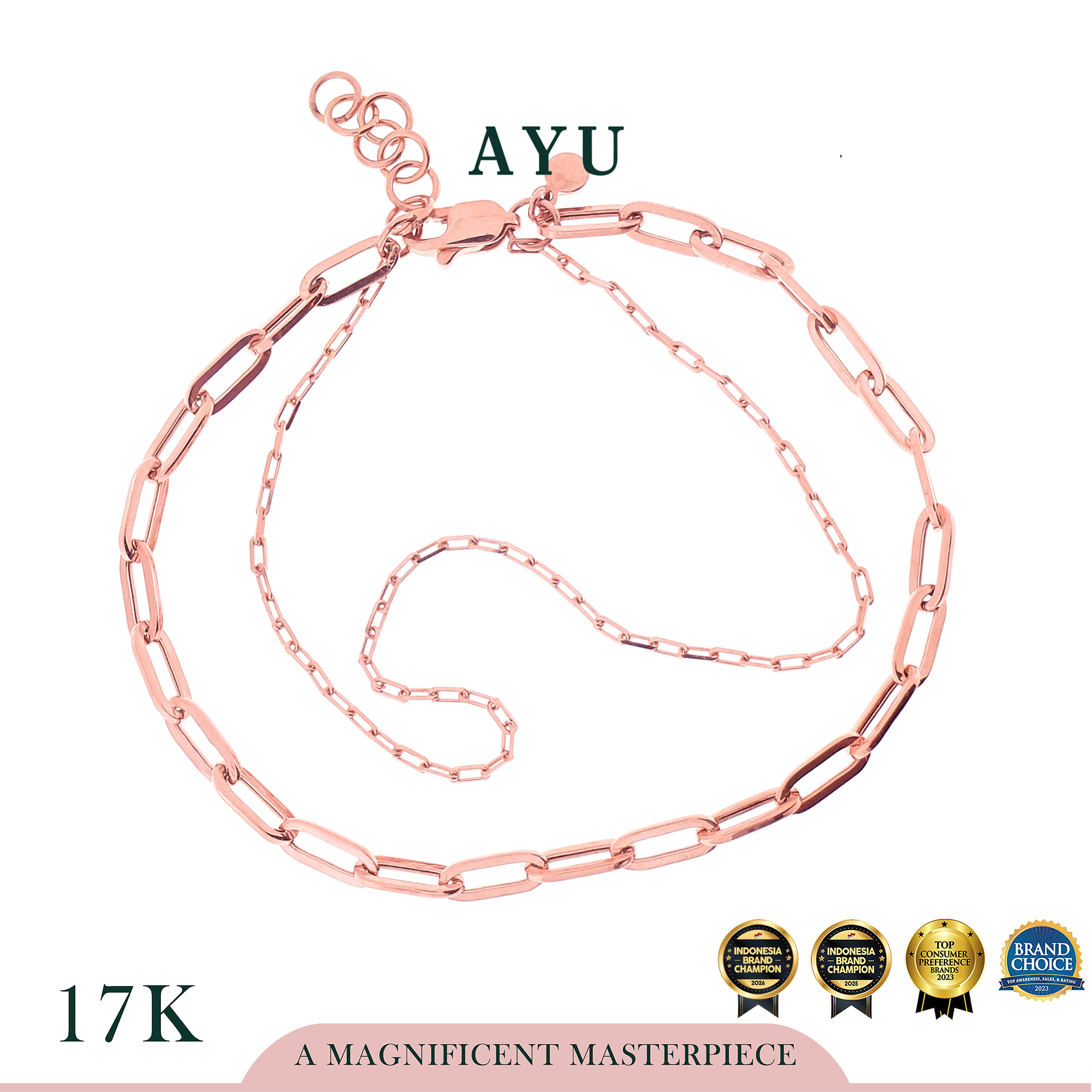 AYU Gelang Emas-Double Layer Paper Clip And Mini Paper Clip Chain 17k Rose Gold