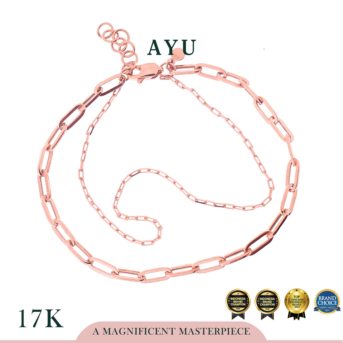 AYU Gelang Emas-Double Layer Paper Clip And Mini Paper Clip Chain 17k Rose Gold