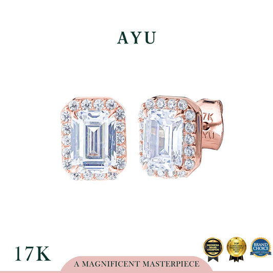 AYU Anting Emas - Emerald Cut Halo Solitaire Stud 17k Rose Gold