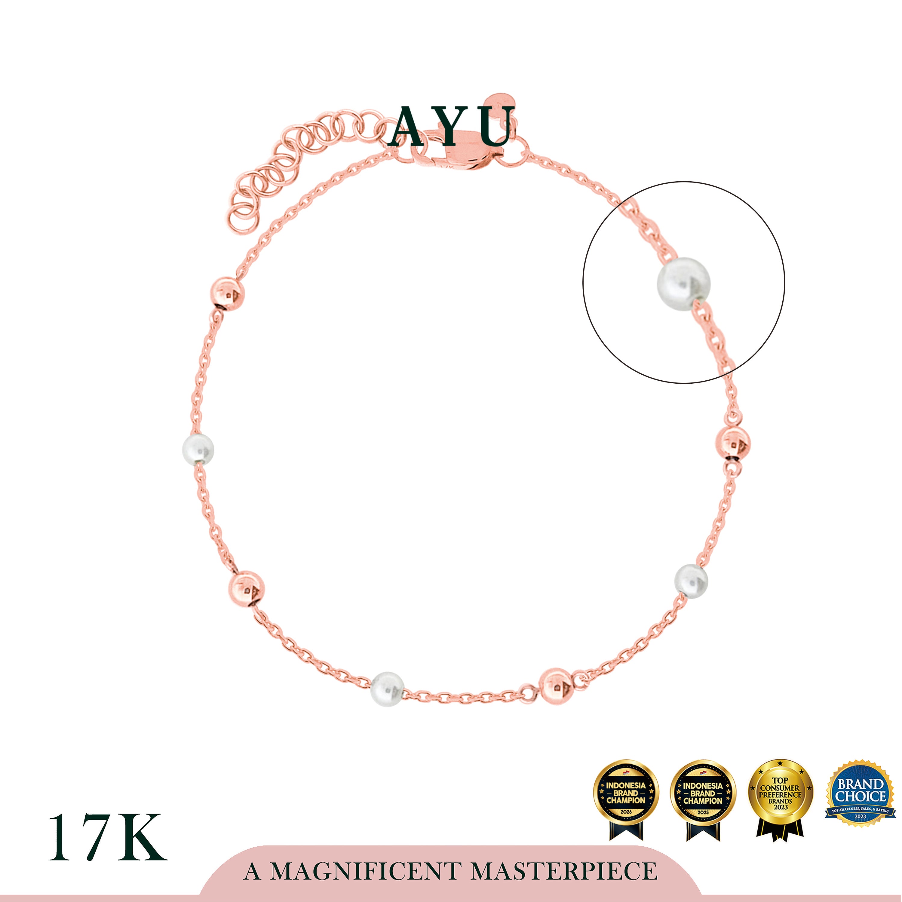 AYU Gelang Emas - Gold Boba With Pearl Chain Bracelet 17k Rose Gold