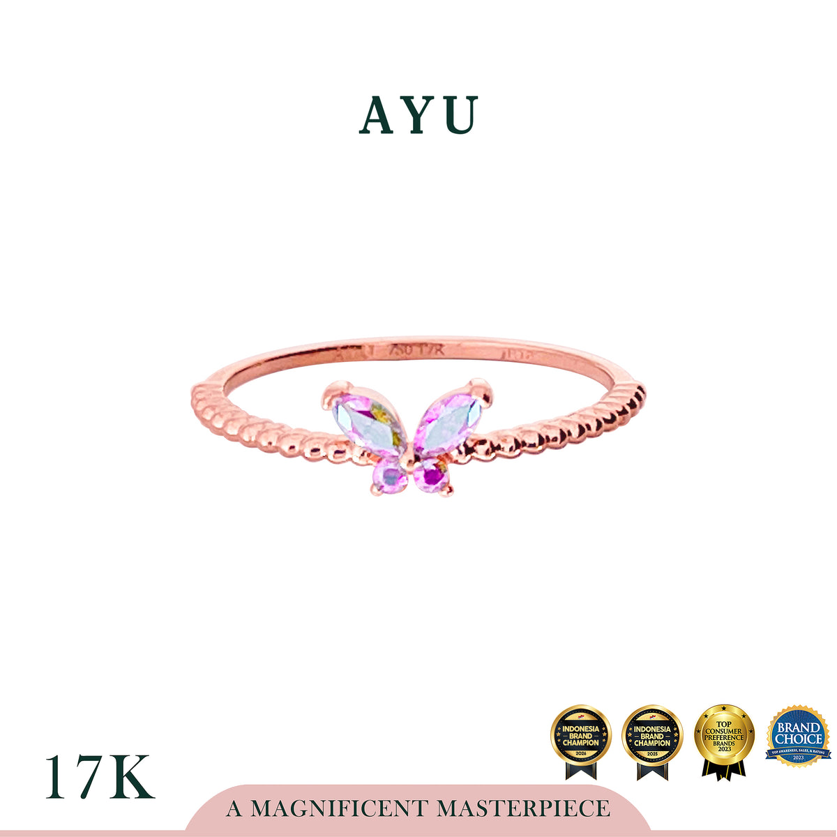 AYU Cincin Emas - Magical Butterfly Pepper Beads Ring 17k Rose Gold
