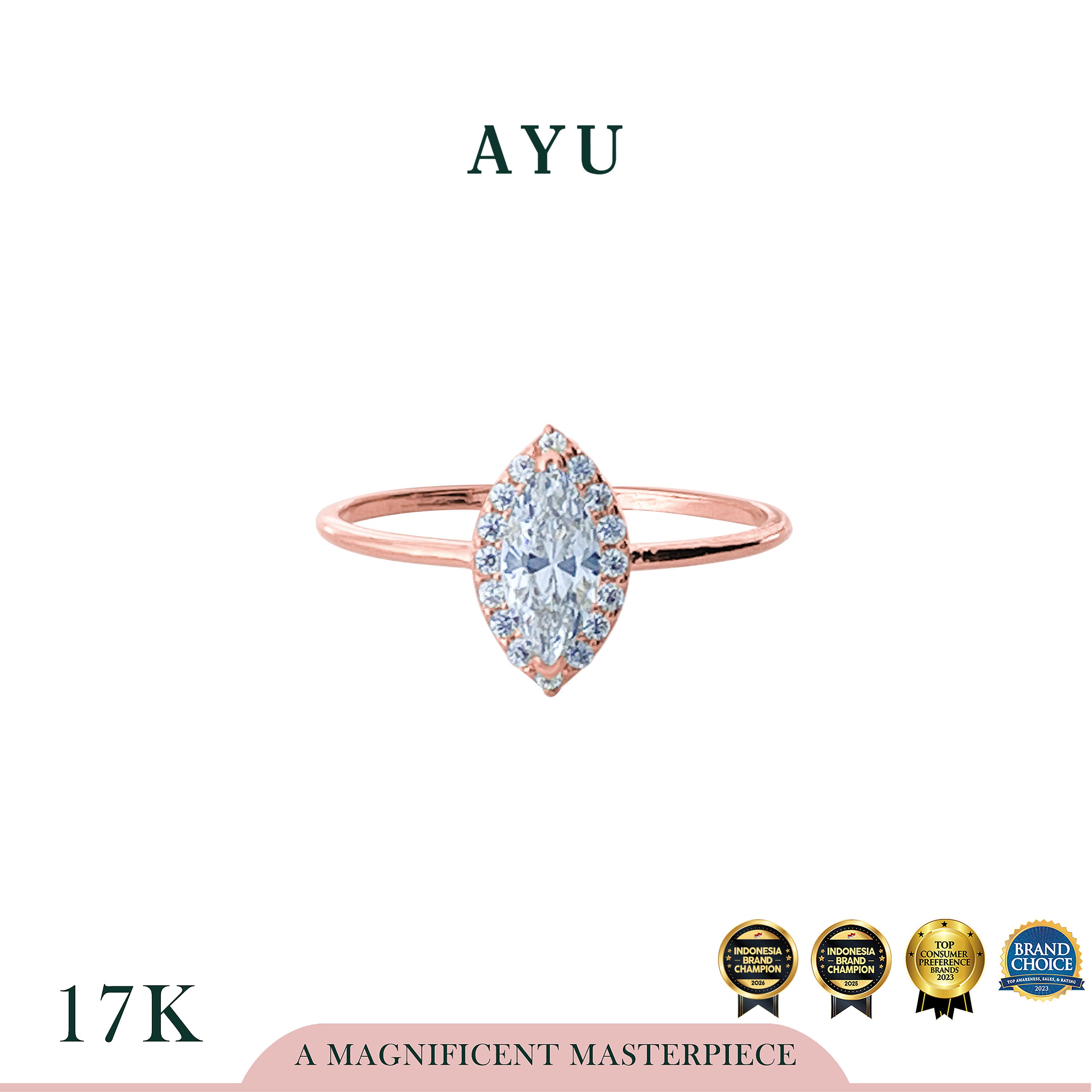 AYU Cincin Emas - Marquise Halo Ring 17k Rose Gold