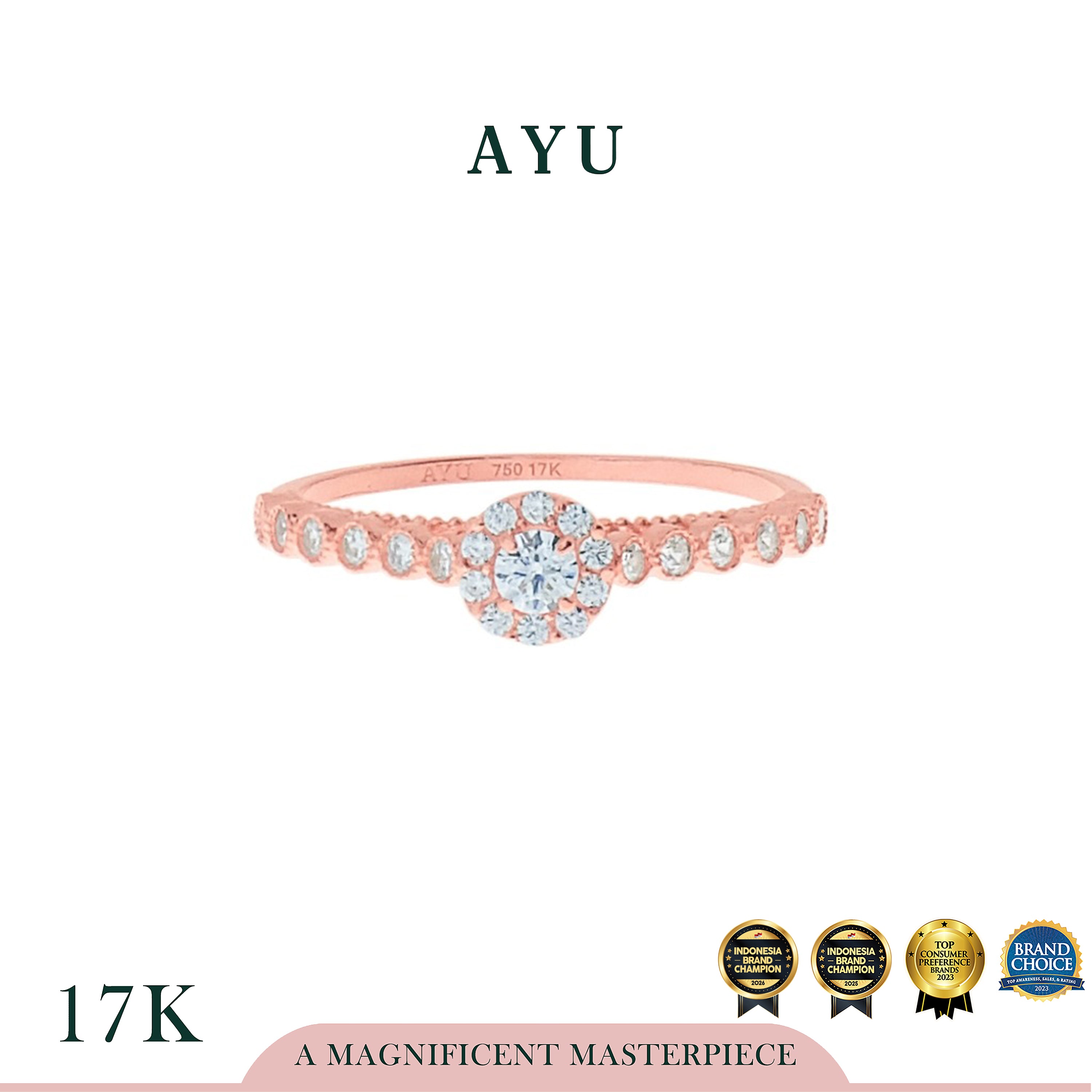 AYU Cincin Emas - Mini Round Halo Solitaire With Bezel Filligri 17K Rose Gold