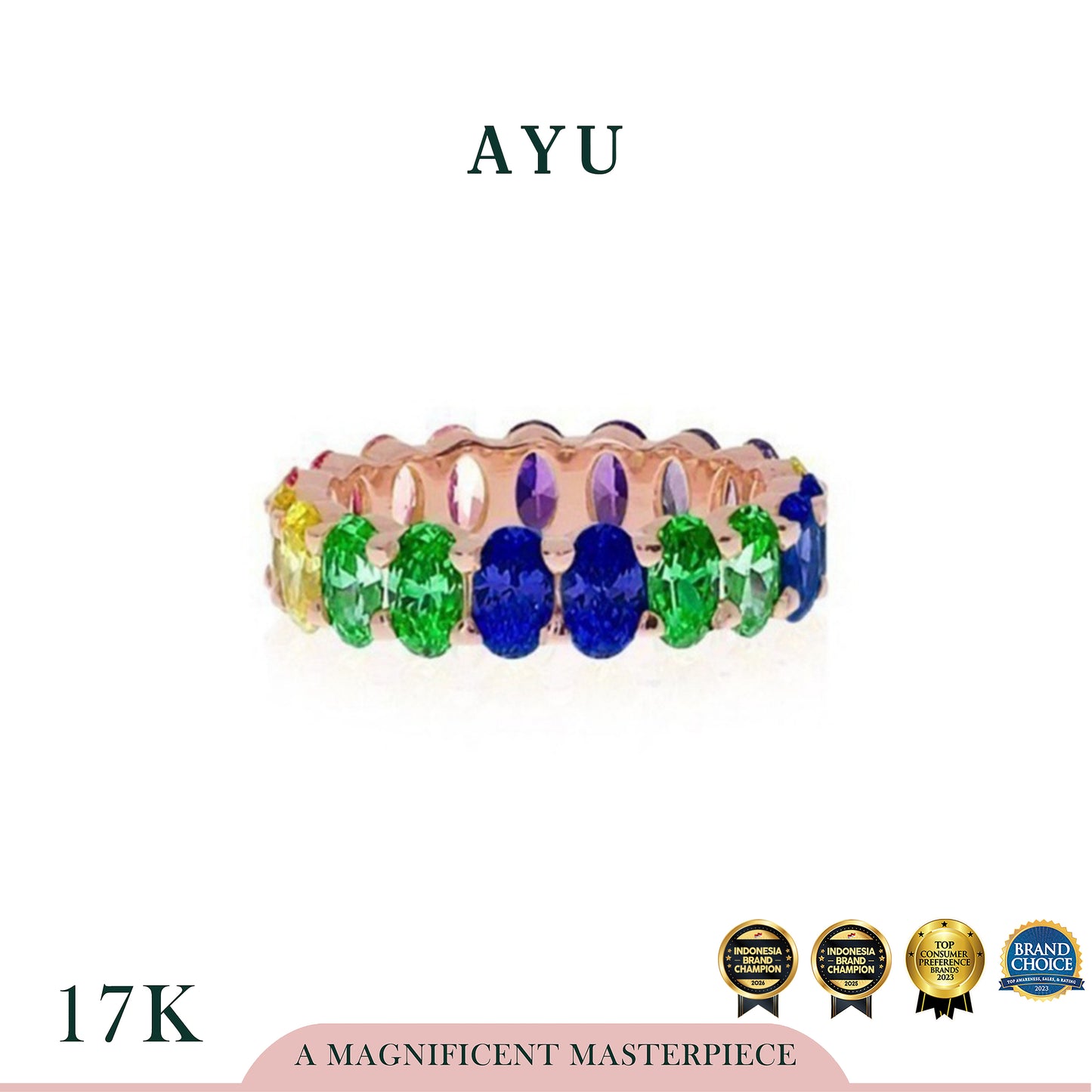 AYU Cincin Emas - Oval Eternity Ring Rainbow Stone 17k Rose Gold