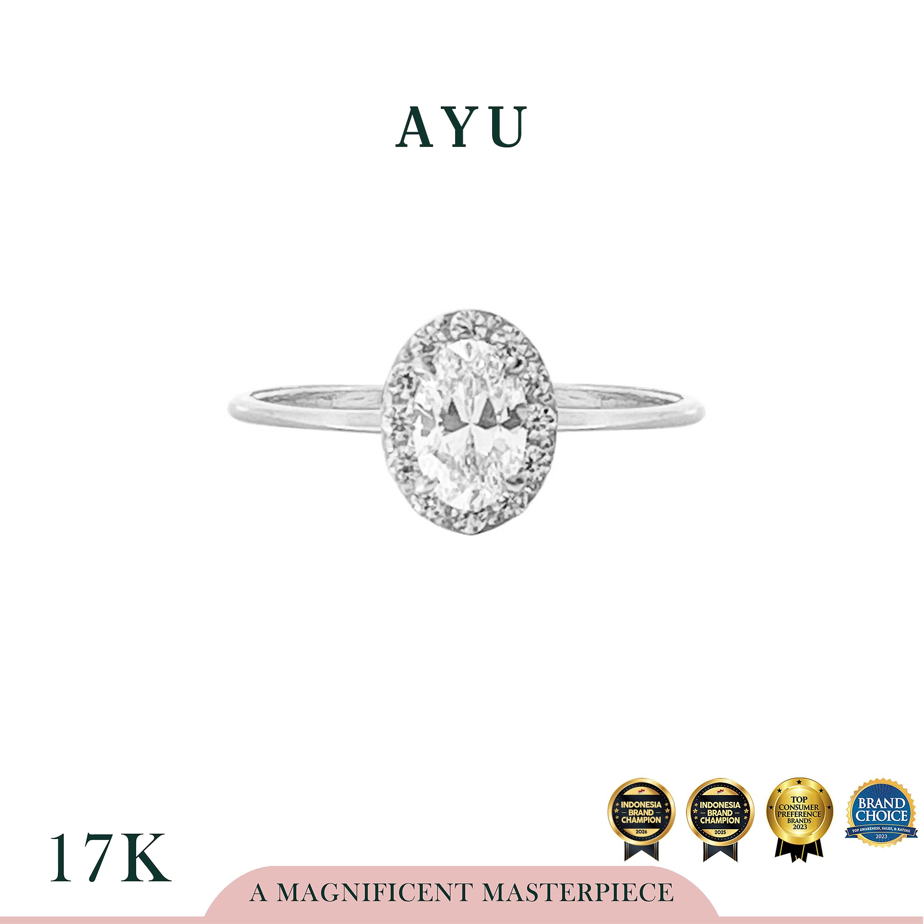 AYU Cincin Emas - Oval Halo Ring 17k White Gold