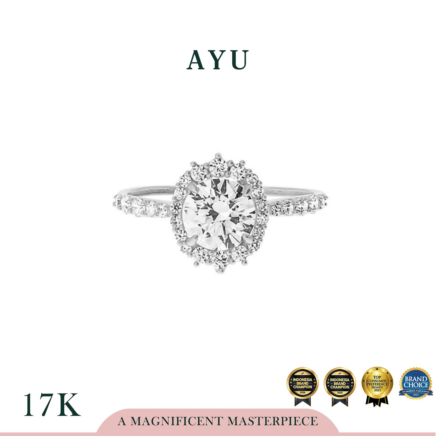 AYU Cincin Emas - Pave Round Grecian Solitaire 17K White Gold