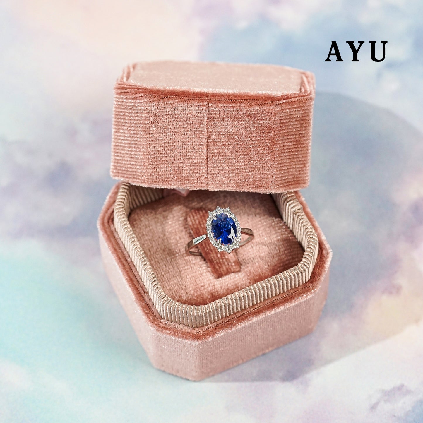 AYU OVAL GRECIAN SOLITAIRE ROYAL BLUE 17K WHITE GOLD