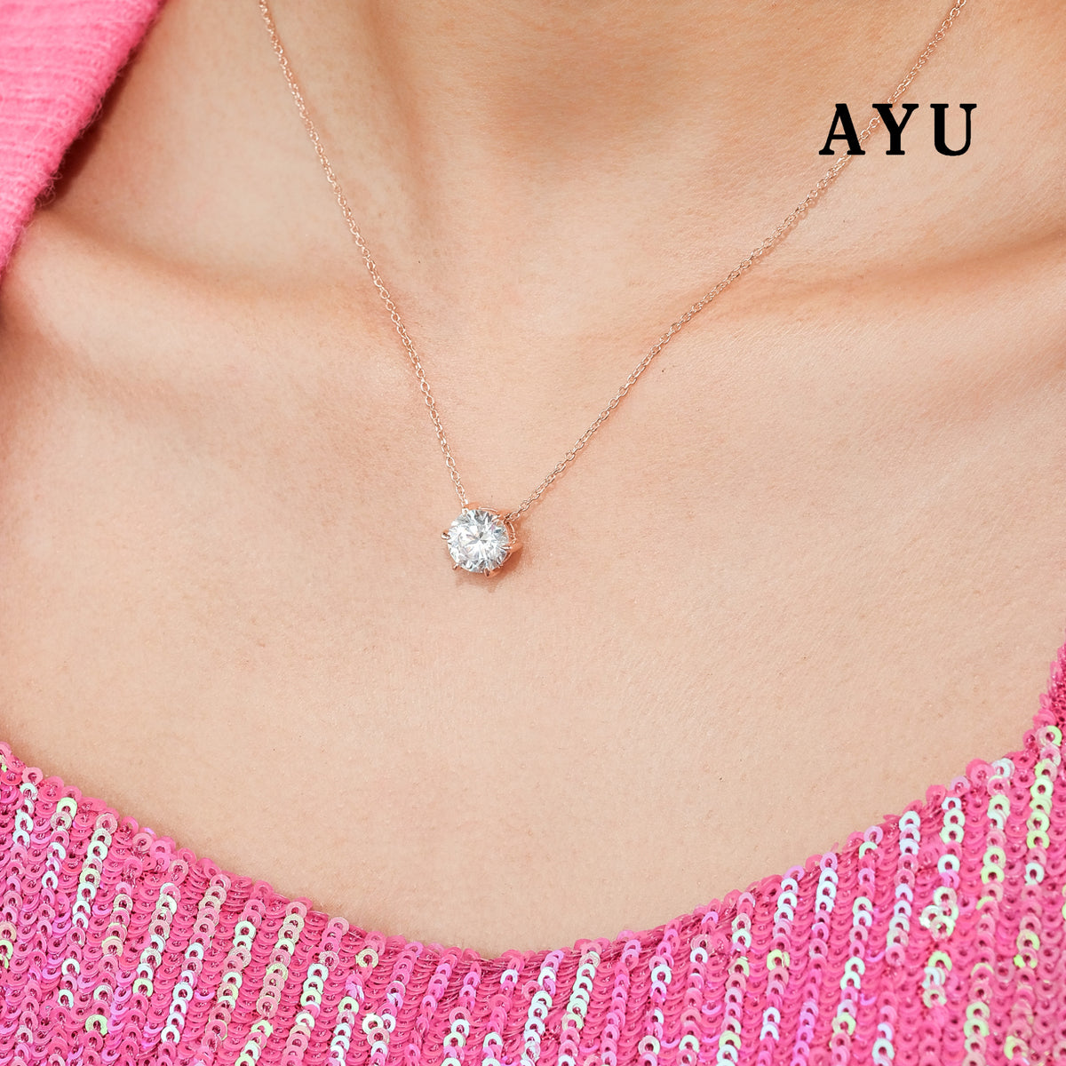 AYU Kalung Emas - Gigi Glam 6 Prong With Adjustable Chain Necklace 17k Rose Gold