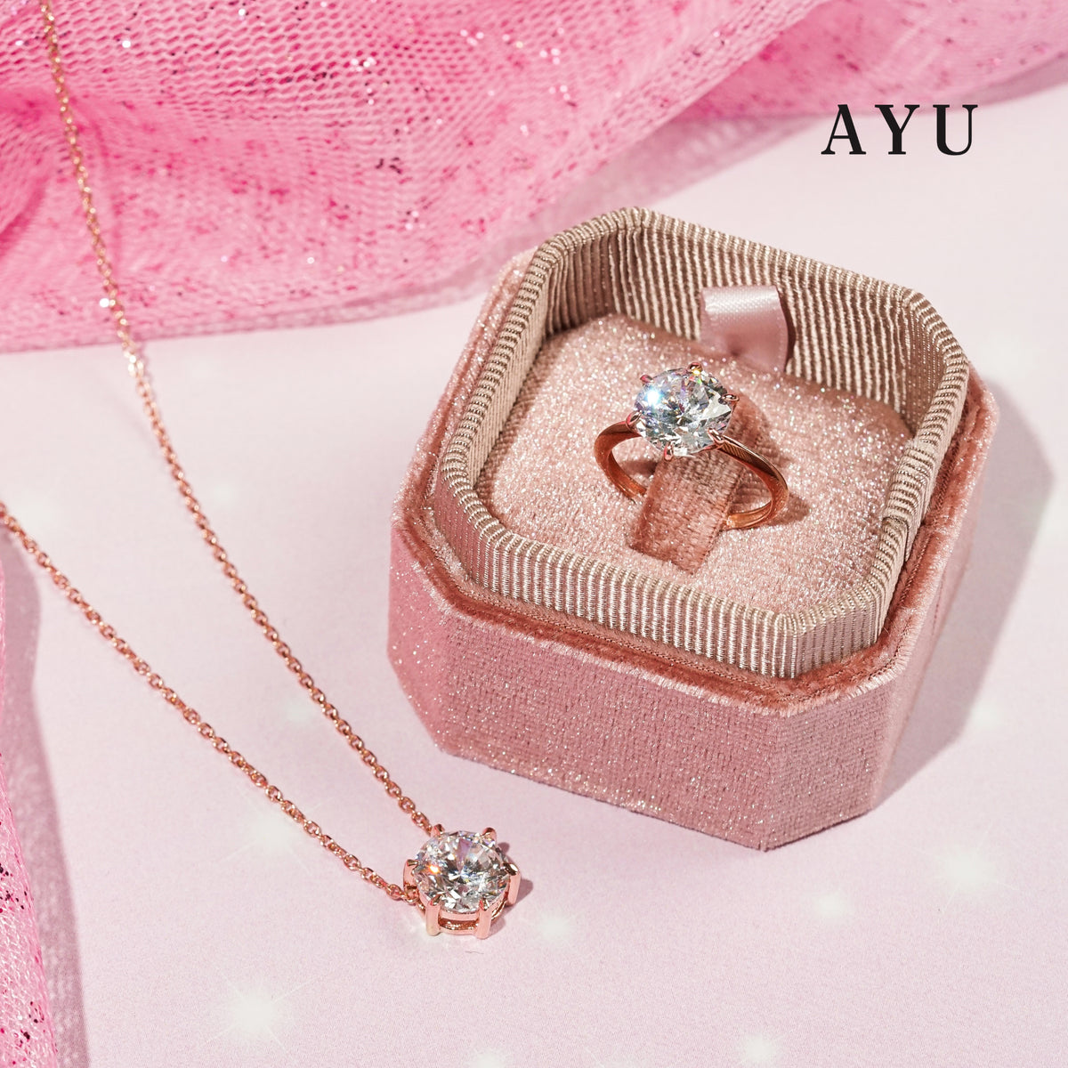AYU Kalung Emas - Gigi Glam 6 Prong With Adjustable Chain Necklace 17k Rose Gold