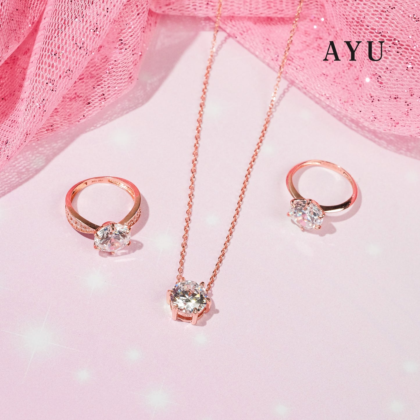 AYU Cincin Emas - Glam Gigi 6 Prong Pave Band Solitaire 17K Rose Gold