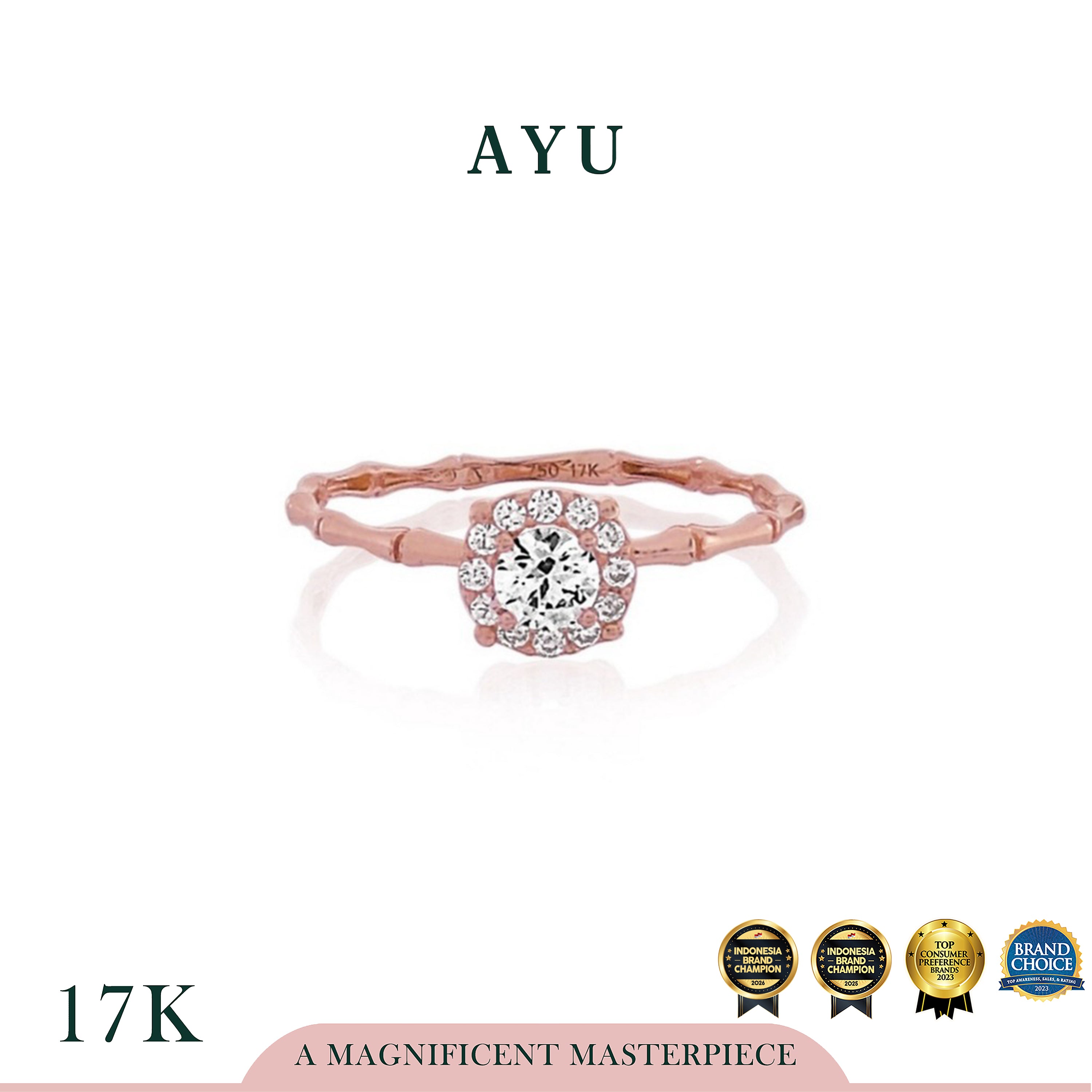 AYU Cincin Emas - Round Solitaire Bamboo 17K Rose Gold