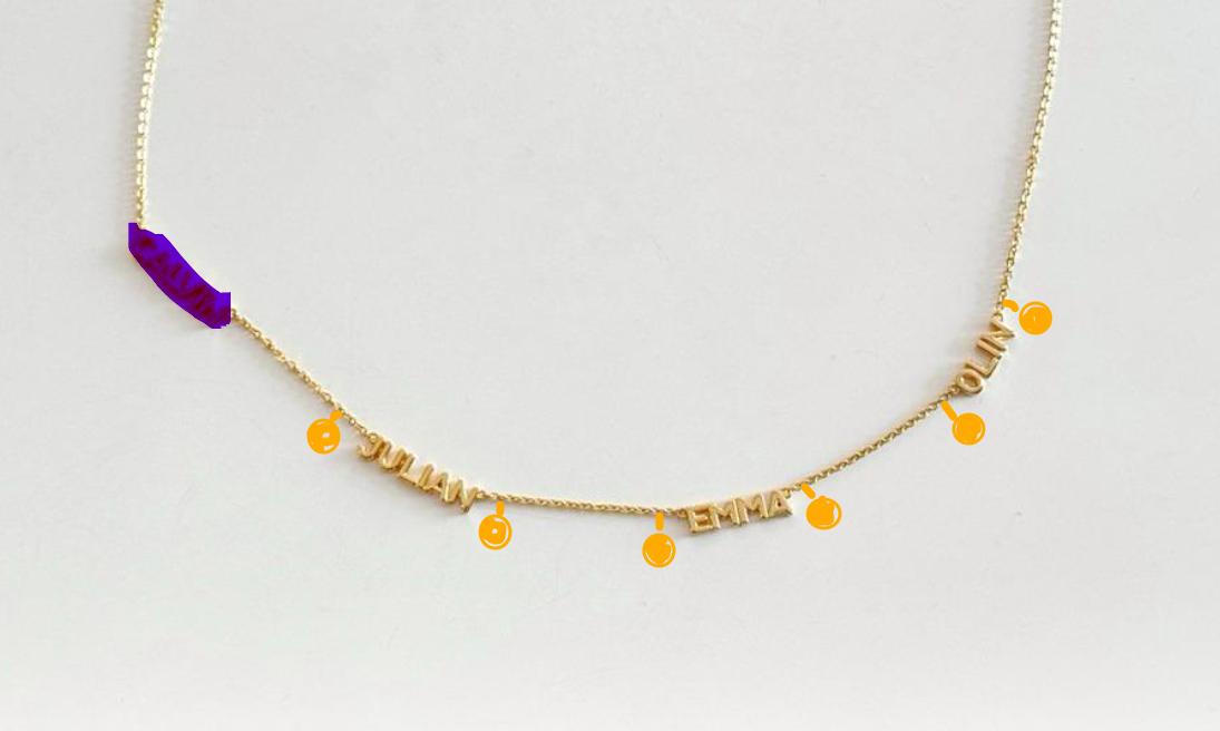 Custom Order PL Necklace Tiny Gold Block Bar with Petite Trixie Chain, 6 Bezel Dangle (ADDAR, AMMAR, ARRUM) 17K Rose Gold, 43 CM