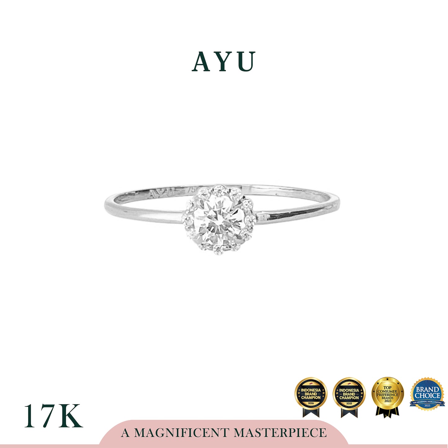 AYU Cincin Emas - Single Prong Halo Solitaire 17k White Gold