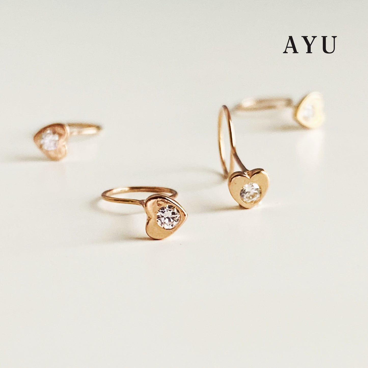 AYU Anting Emas Toge - Mini Heart Single Stone Round Loop 17k Rose Gold