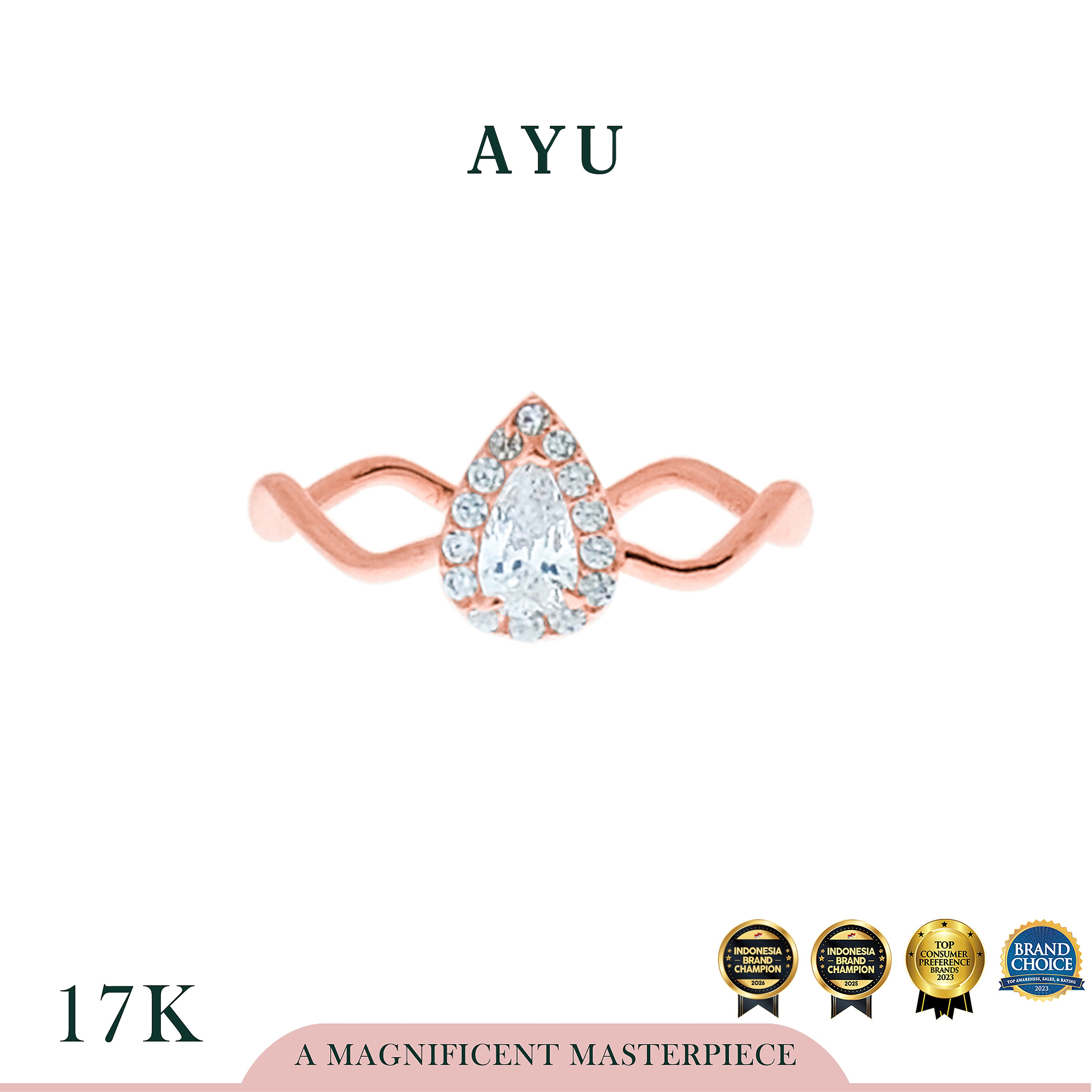 AYU Cincin Emas - Wave With Teardrop Halo Solitaire 17k Rose Gold