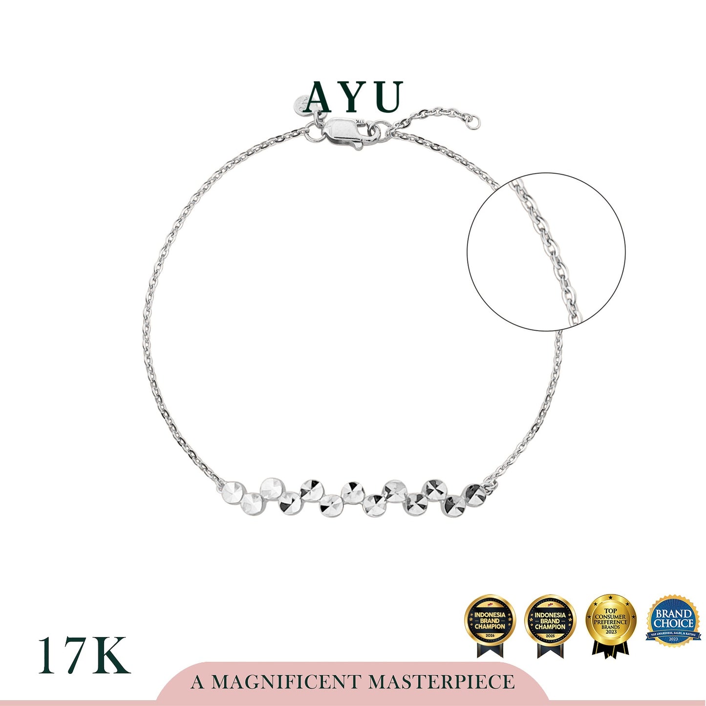 AYU Kalung Emas - Wavy Round Bling Chain Bracelet 17k White Gold