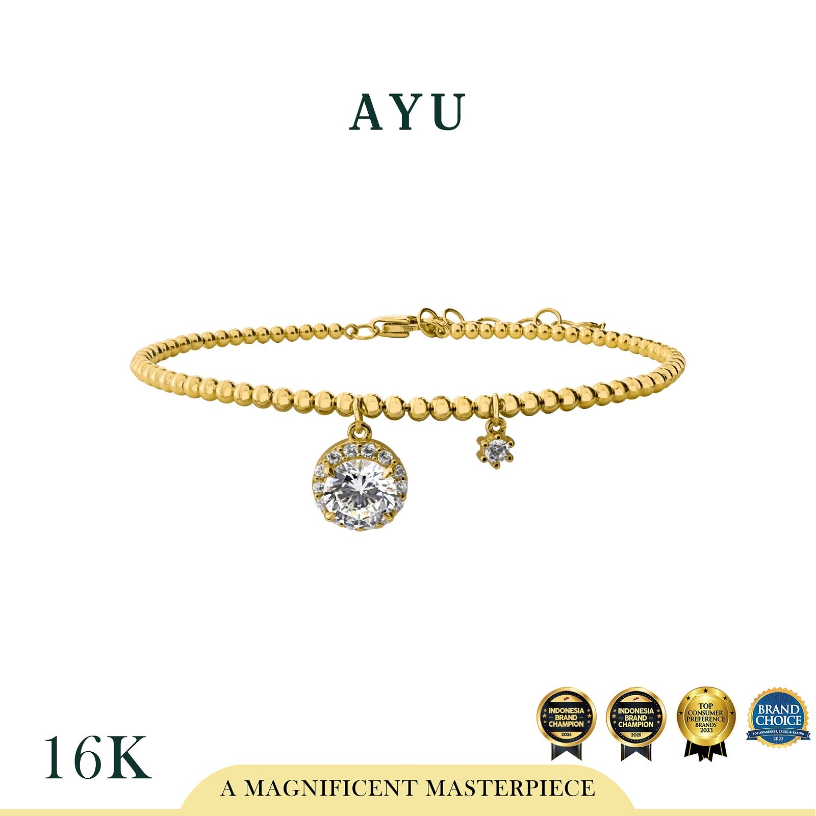 AYU Round Halo With Mini Solitaire On Mini Boba Bangle 16k Yellow Gold