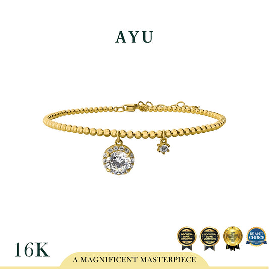 AYU Round Halo With Mini Solitaire On Mini Boba Bangle 16k Yellow Gold