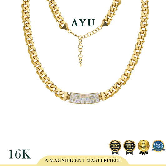 AYU Kalung Emas - Pave Bar Cuban Link Necklace 16k Yellow Gold