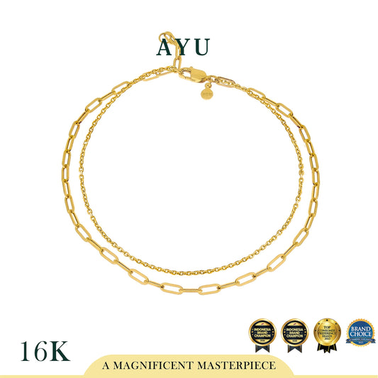 AYU Gelang Emas - Double layer Paperclip And Trixie Chain Bracelet 16k Yellow Gold