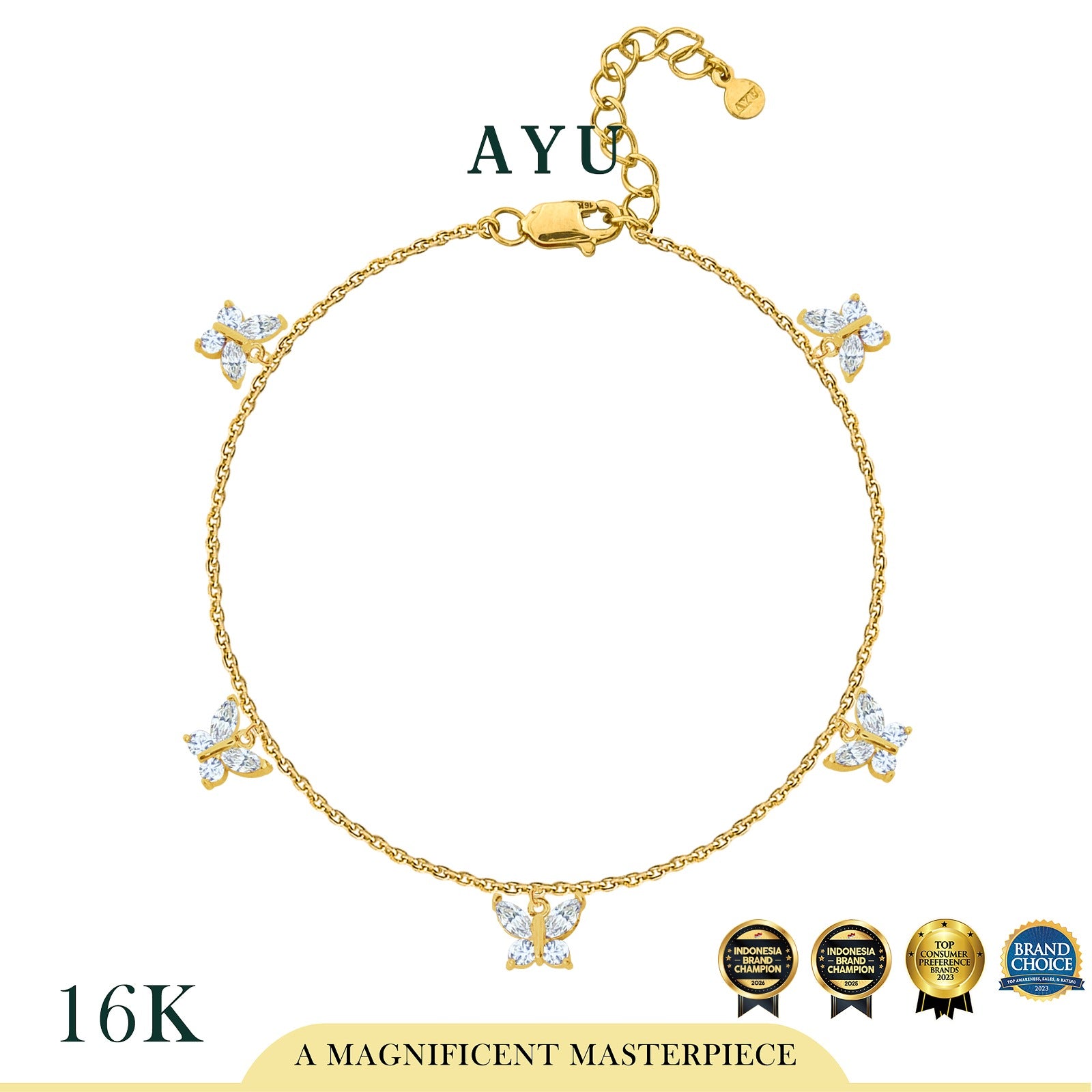 AYU Gelang Emas - 5 Dangling Butterflies Chain Bracelet 16k Yellow Gold