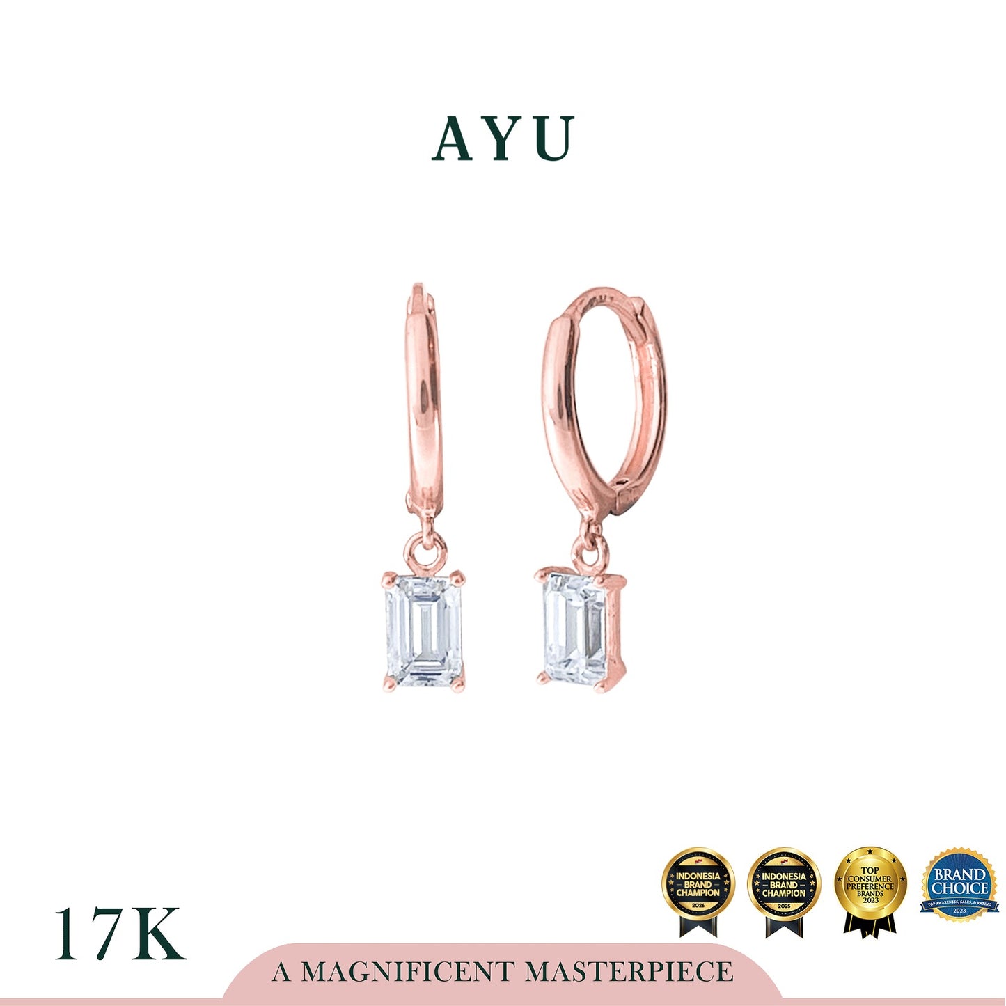 AYU Anting Emas - Gold Doughnut With Dangle Emerald Solitaire 17k Rose Gold