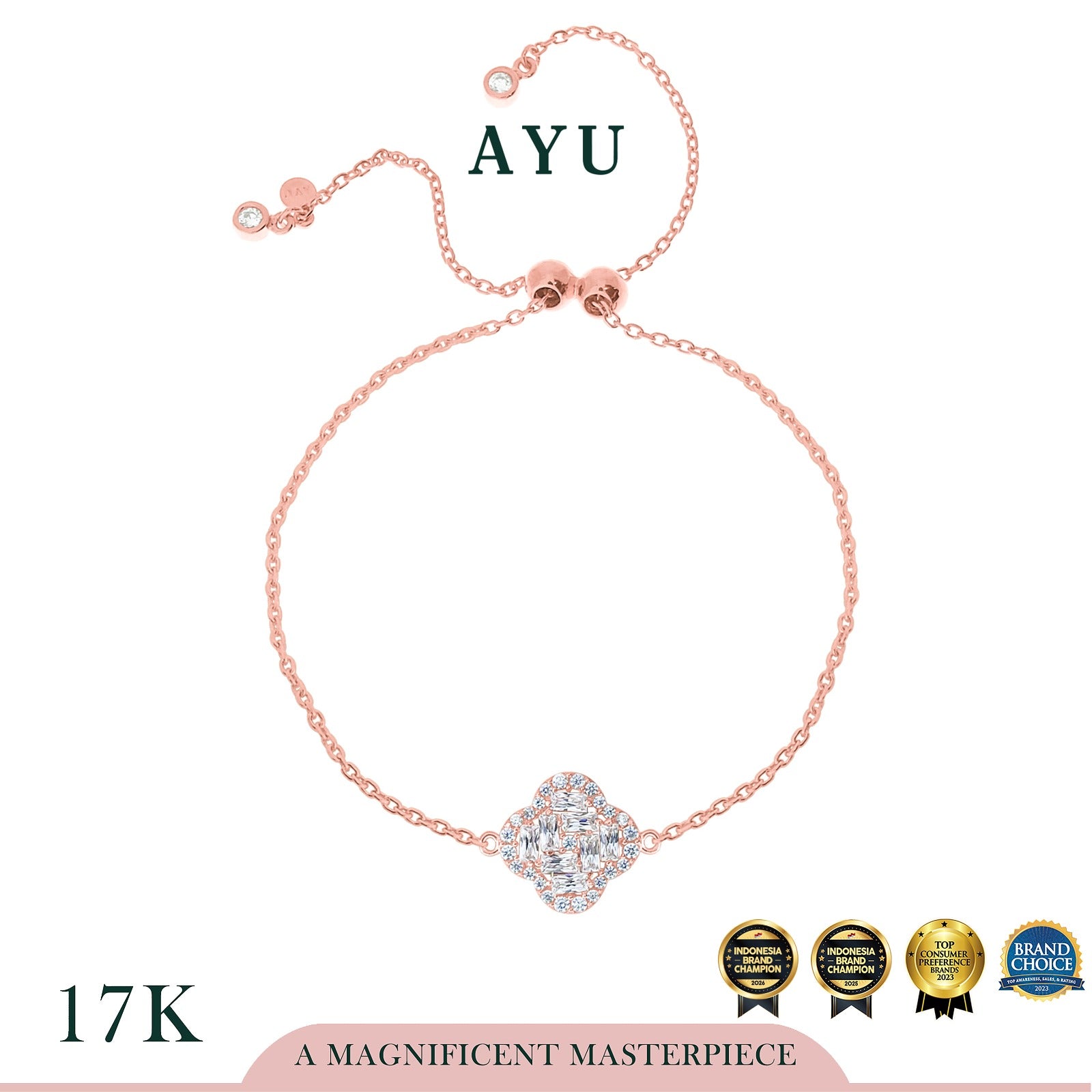 AYU Gelang Emas - Invisible Baguette On Clover Adjustable Bracelet 17K Rose Gold