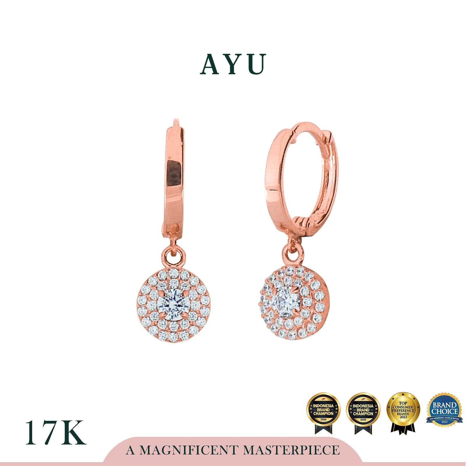 AYU Anting Emas - Round Double Halo Flat Doughnut Earrings 17k Rose Gold
