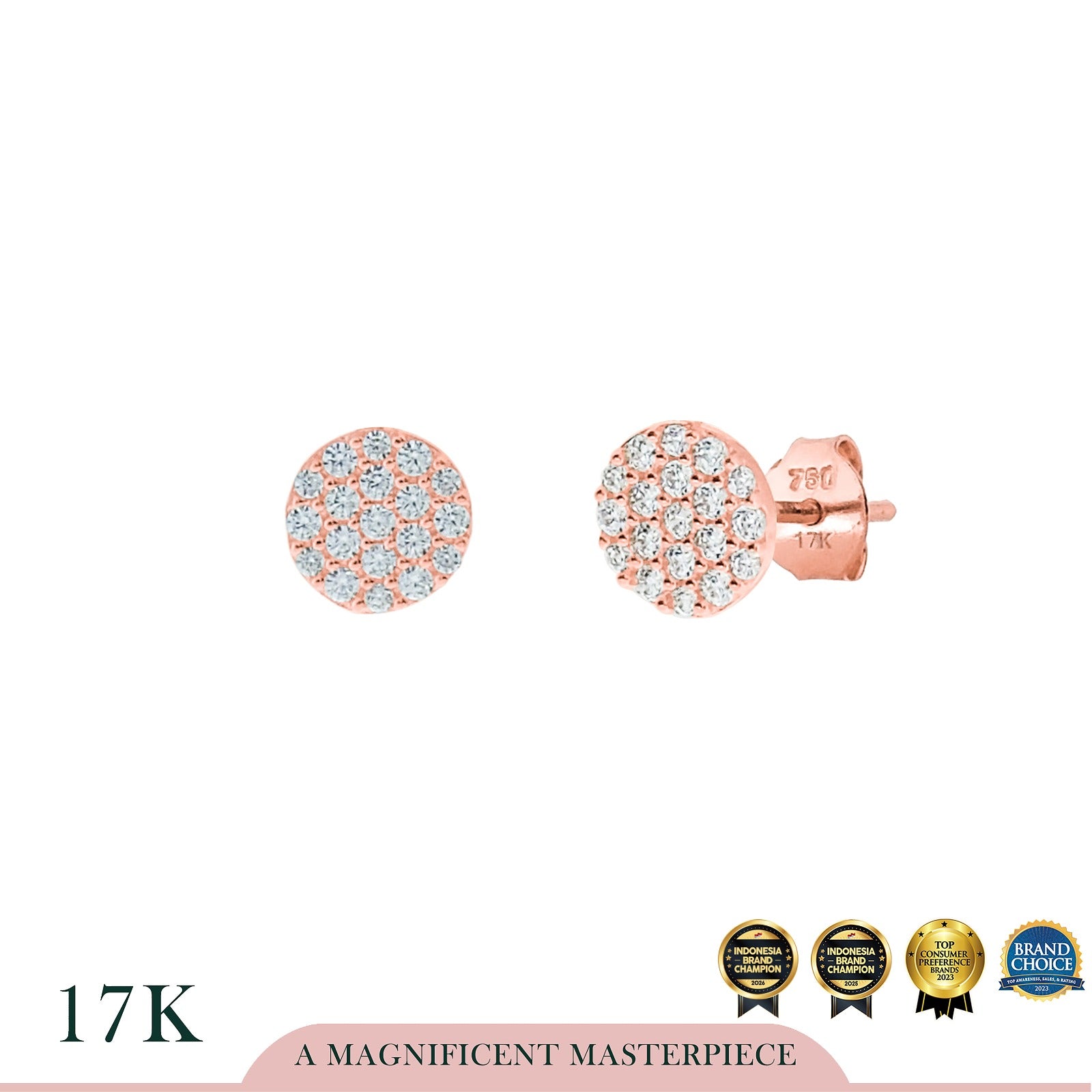 AYU Anting Emas - Round Pave Studs 17k Rose Gold