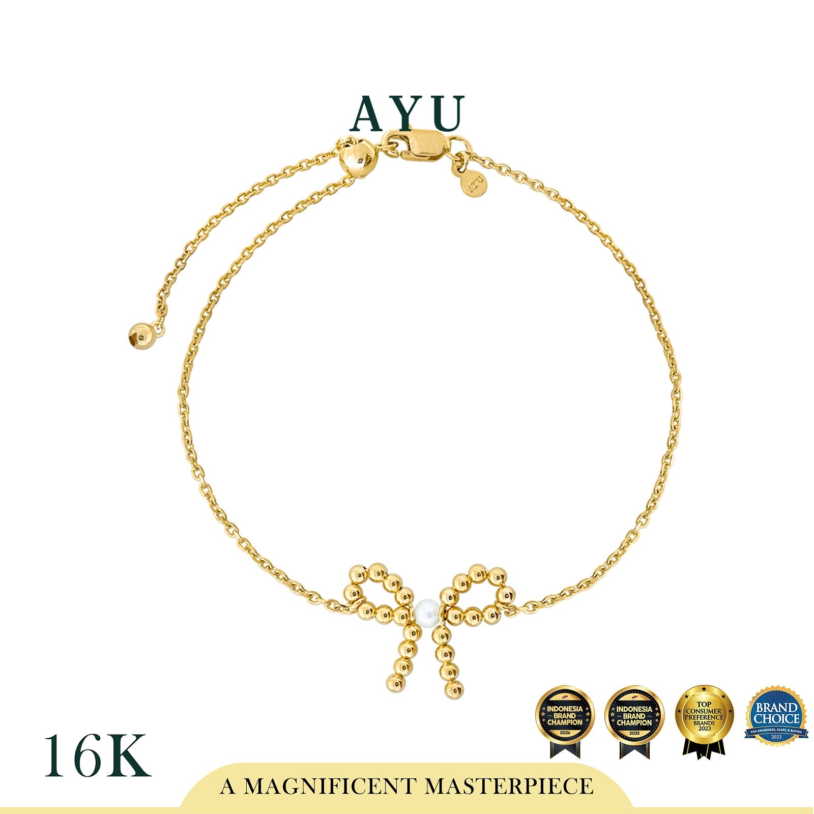 AYU Gelang Emas - Pearl Boba Ribbon Adjustable Chain Bracelet 16k Yellow Gold