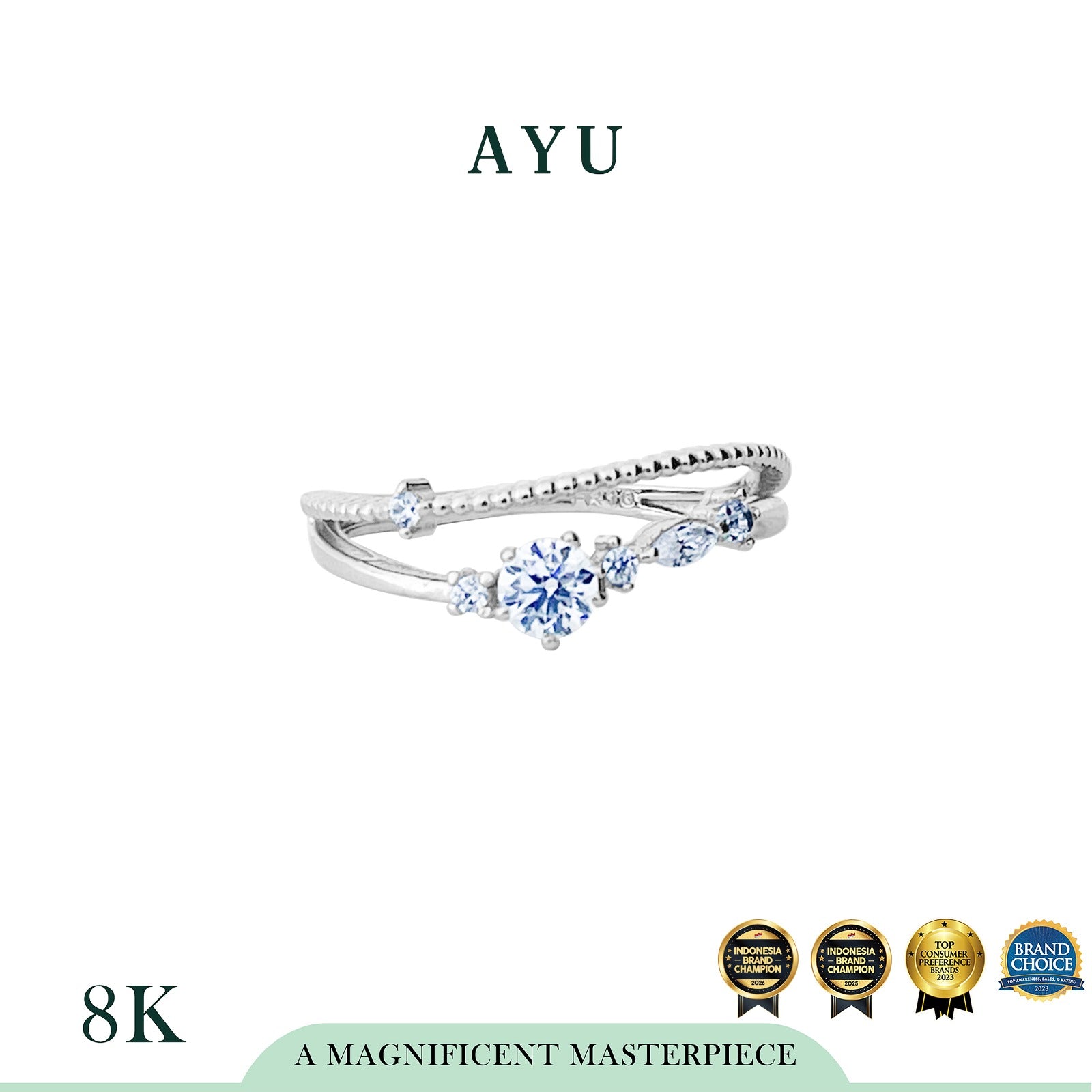 AYU Cincin Emas - Double Layer Sparkly Wave Solitaire 8k White Gold