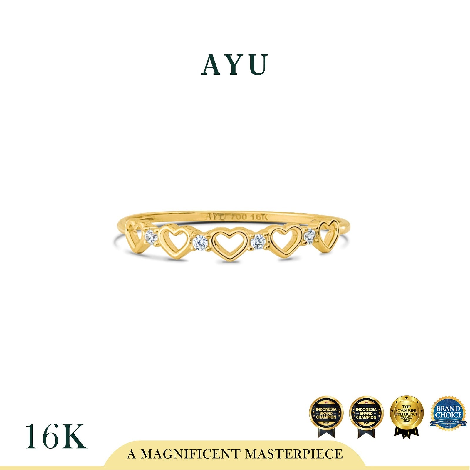 AYU Cincin Emas - Twinkling Mini Hearts Ring 16K Yellow Gold