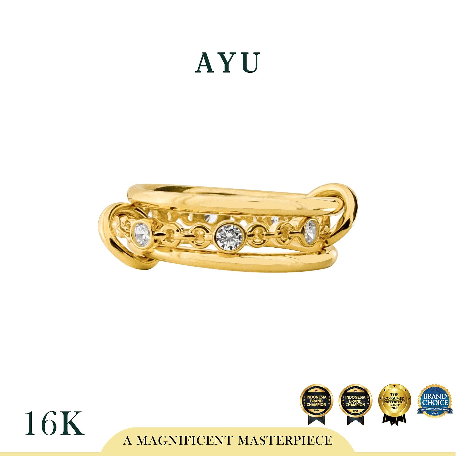AYU Cincin Emas - Link 2 U Bezel Chain Benang Ring 16k Yellow Gold