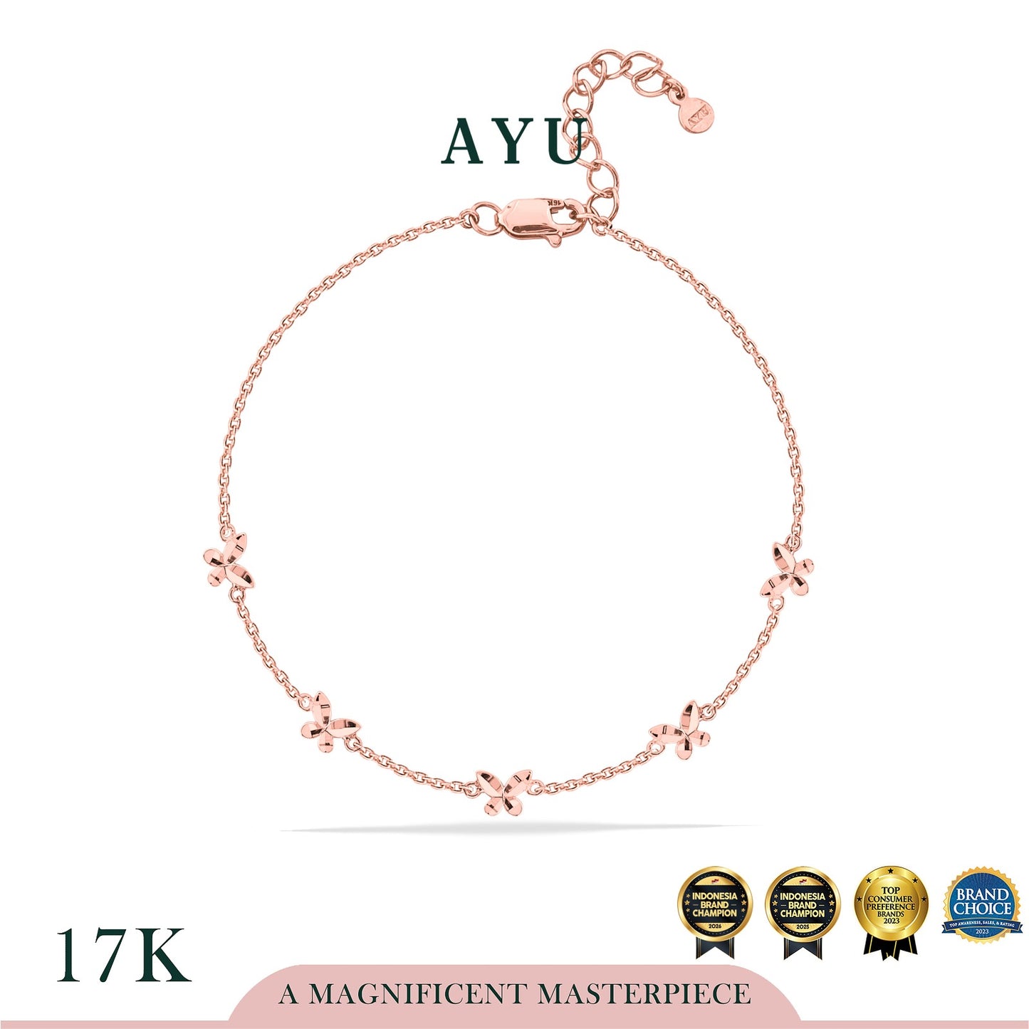 AYU Gelang Emas - 5 Twinkly Butterfly Chain Bracelet 17k Rose Gold
