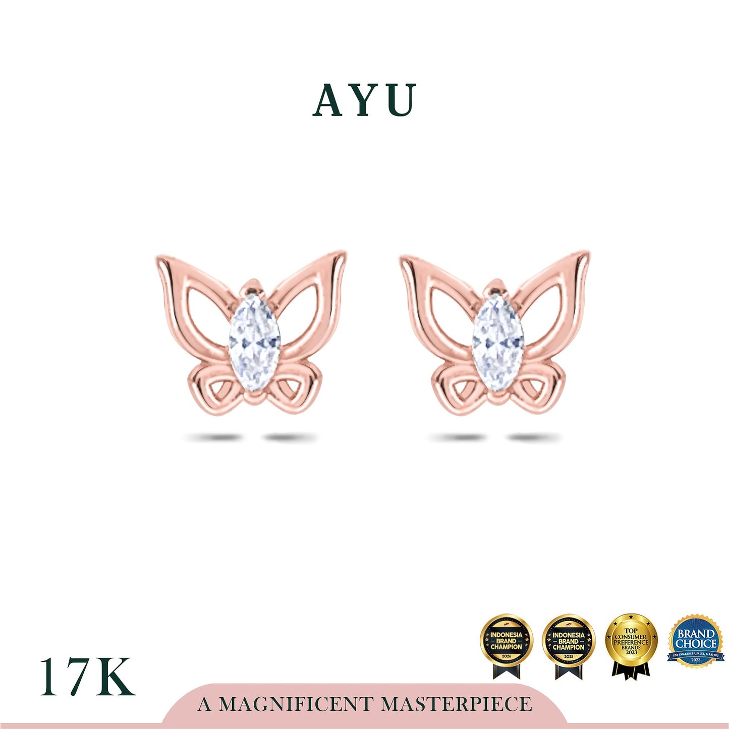 AYU Anting Emas - Marquis Mini Butterfly Studs 17k Rose Gold