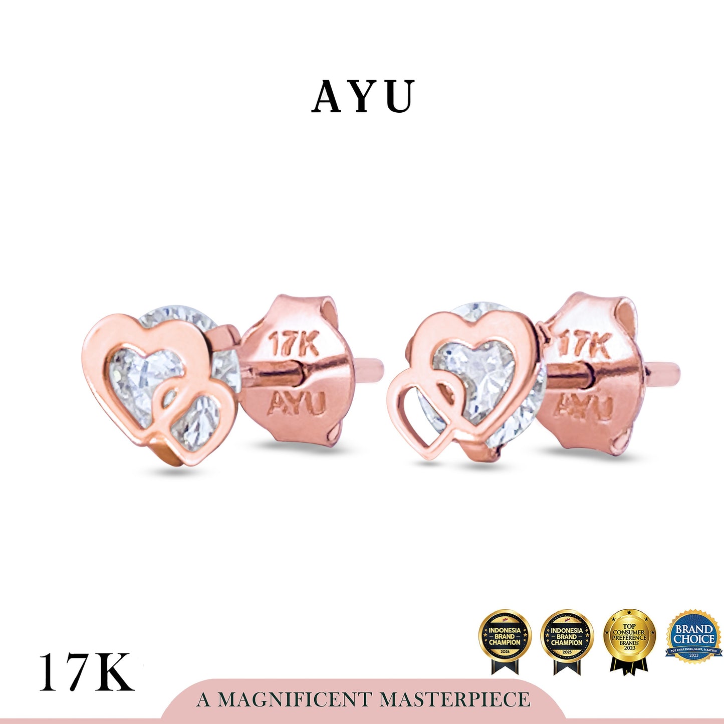 AYU Anting Emas - Double Heart Studs 17k Rose Gold