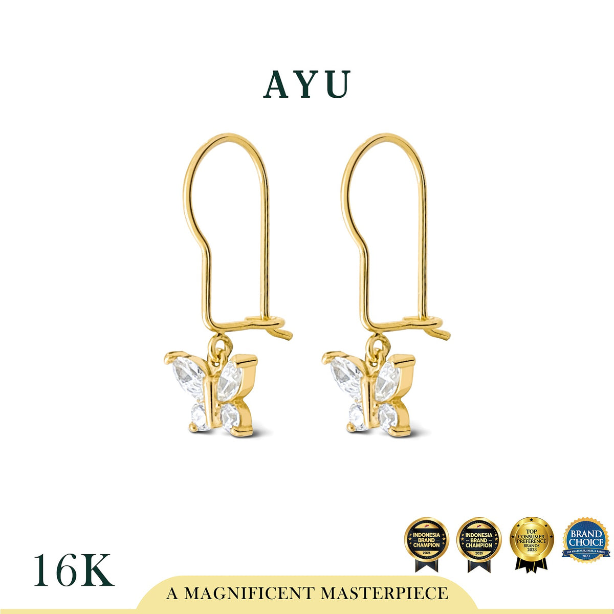AYU Anting Emas - Everbloom Butterfly Dangle Wire Earrings 16k Yellow Gold