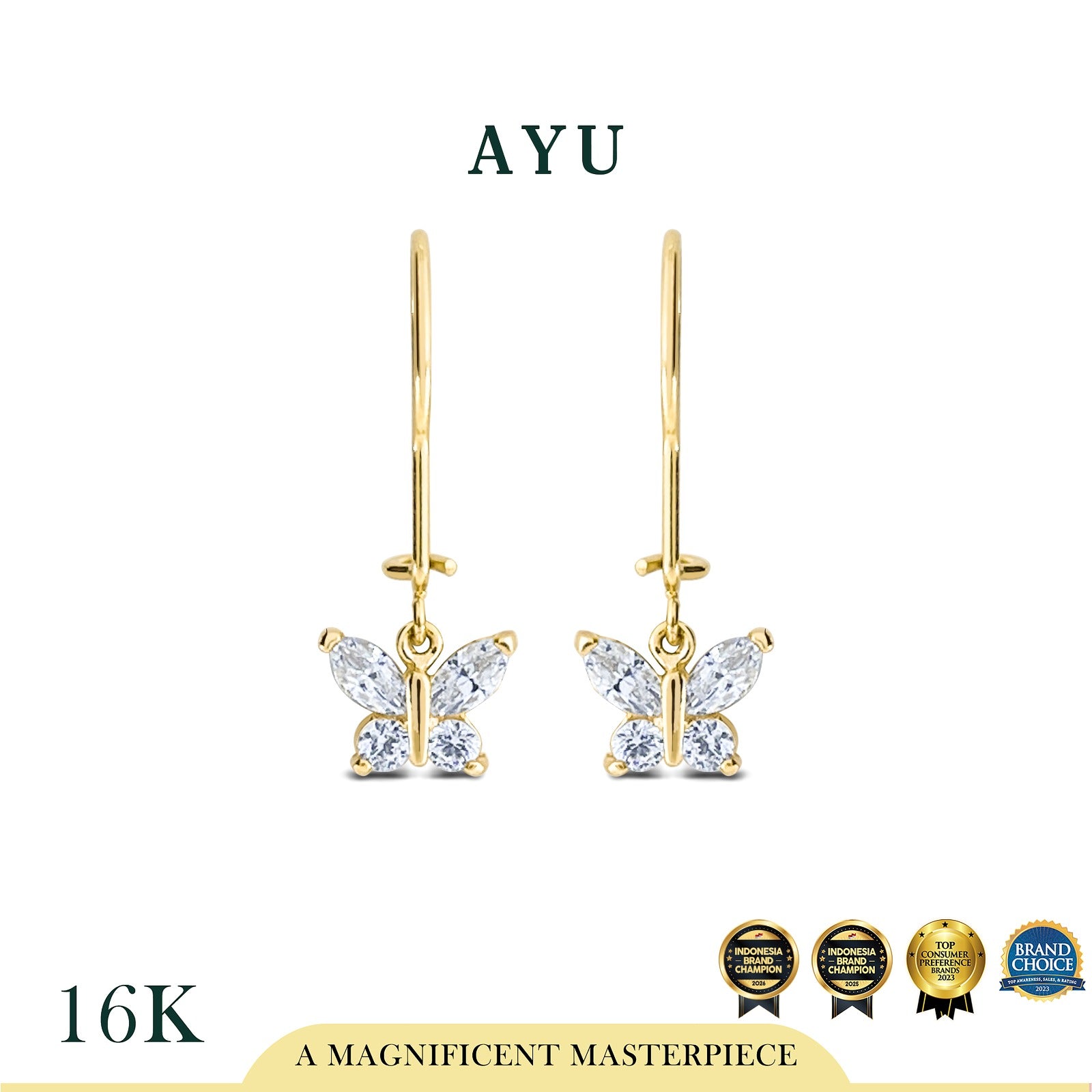 AYU Anting Emas - Everbloom Butterfly Dangle Wire Earrings 16k Yellow Gold