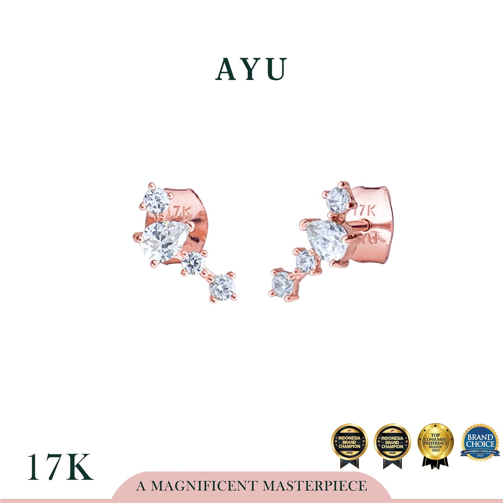 AYU Anting Emas - Mini Teardrop On Curve Studs 17k Rose Gold