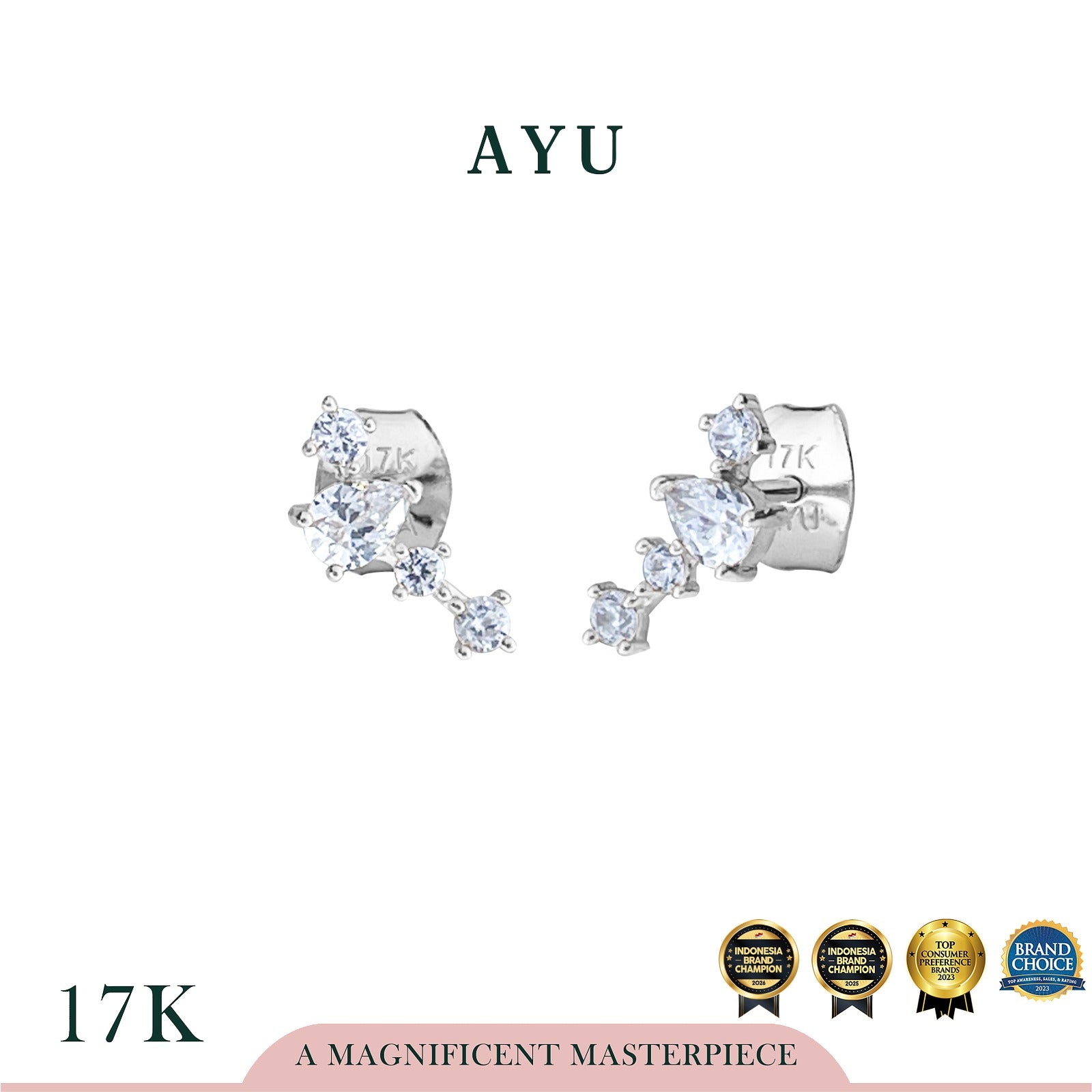AYU Anting Emas - Mini Teardrop On Curve Studs 17k White Gold