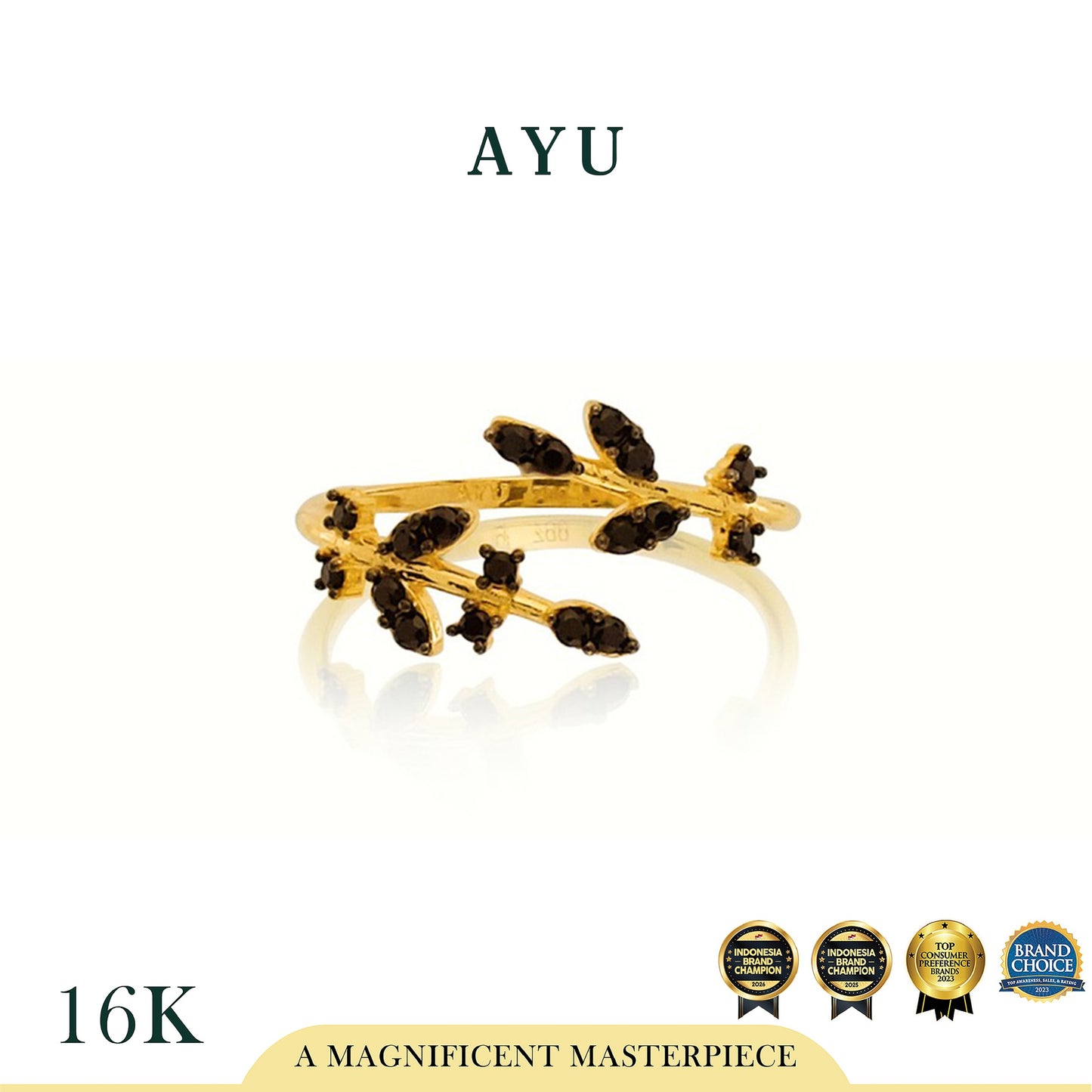 AYU Cincin Emas - Pave Wrap Angel Vine Black Stone 16K Yellow Gold